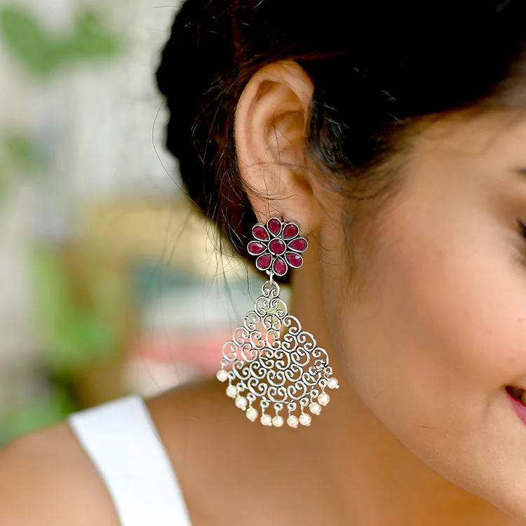 Jali Red Filigree Pearl Earrings - Image 2