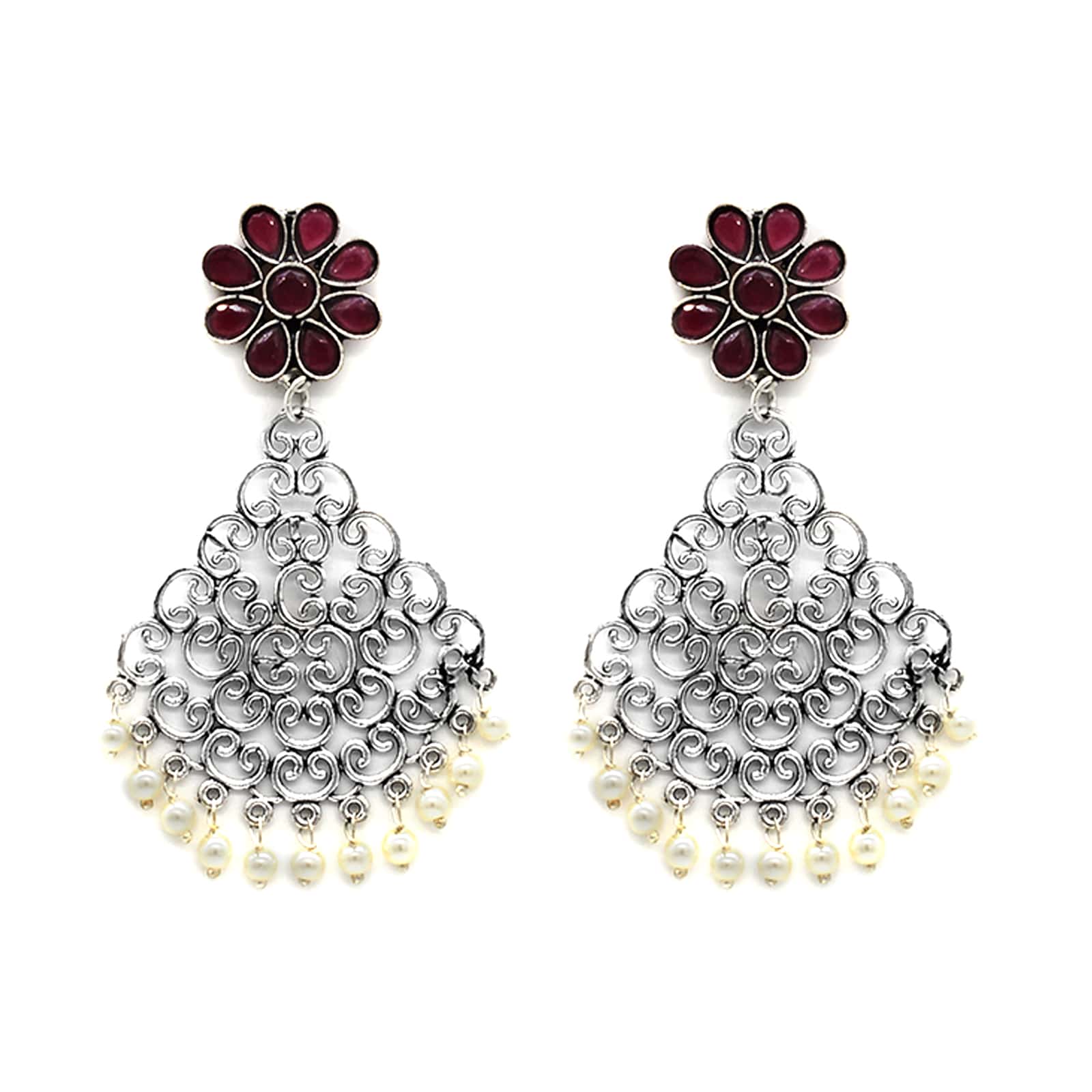 Jali Red Filigree Pearl Earrings - Image 3