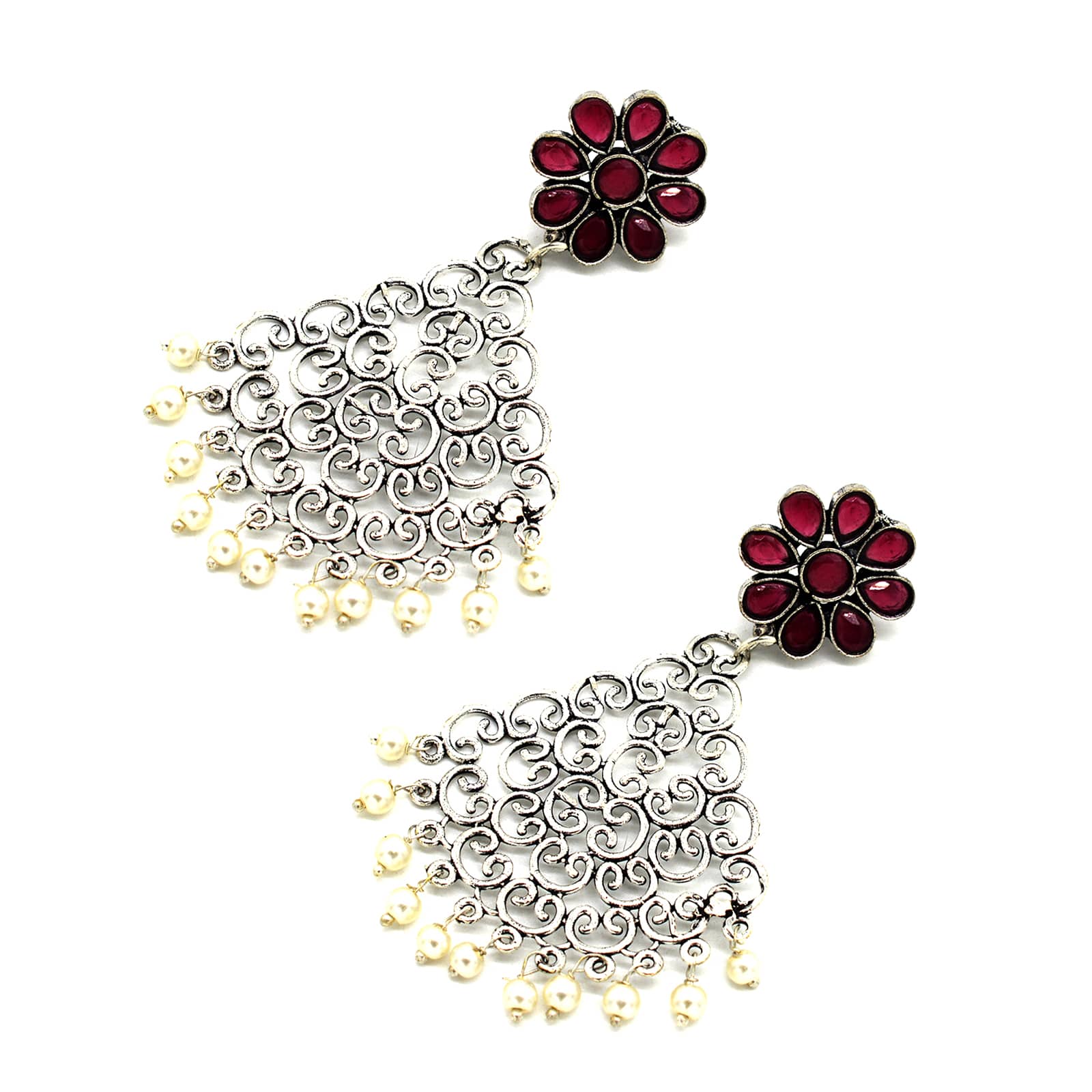 Jali Red Filigree Pearl Earrings - Image 4