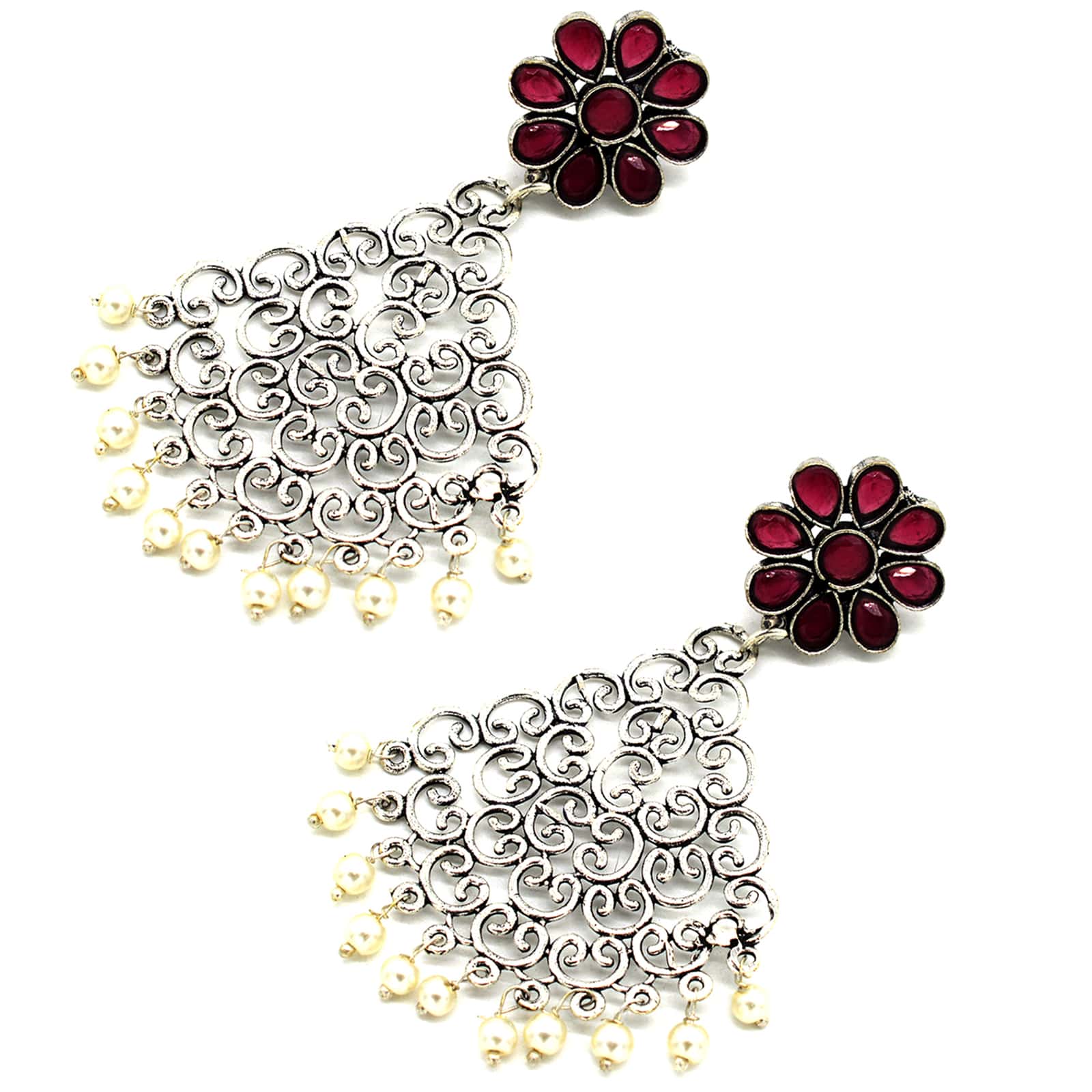 Jali Red Filigree Pearl Earrings - Image 5