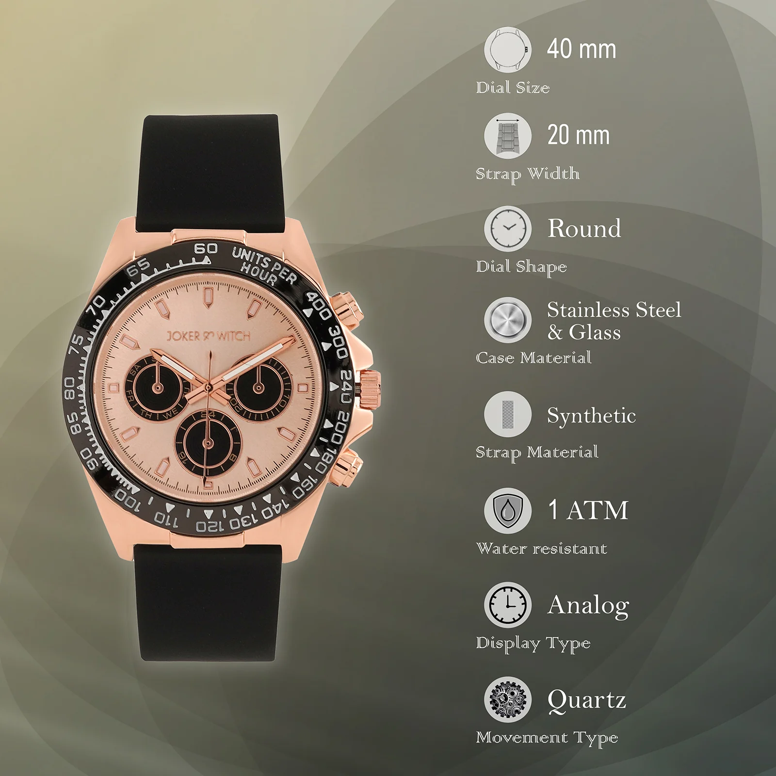 Jesko Rose Gold Large Dial Black Silicone Strap Men's Watch - Image 7