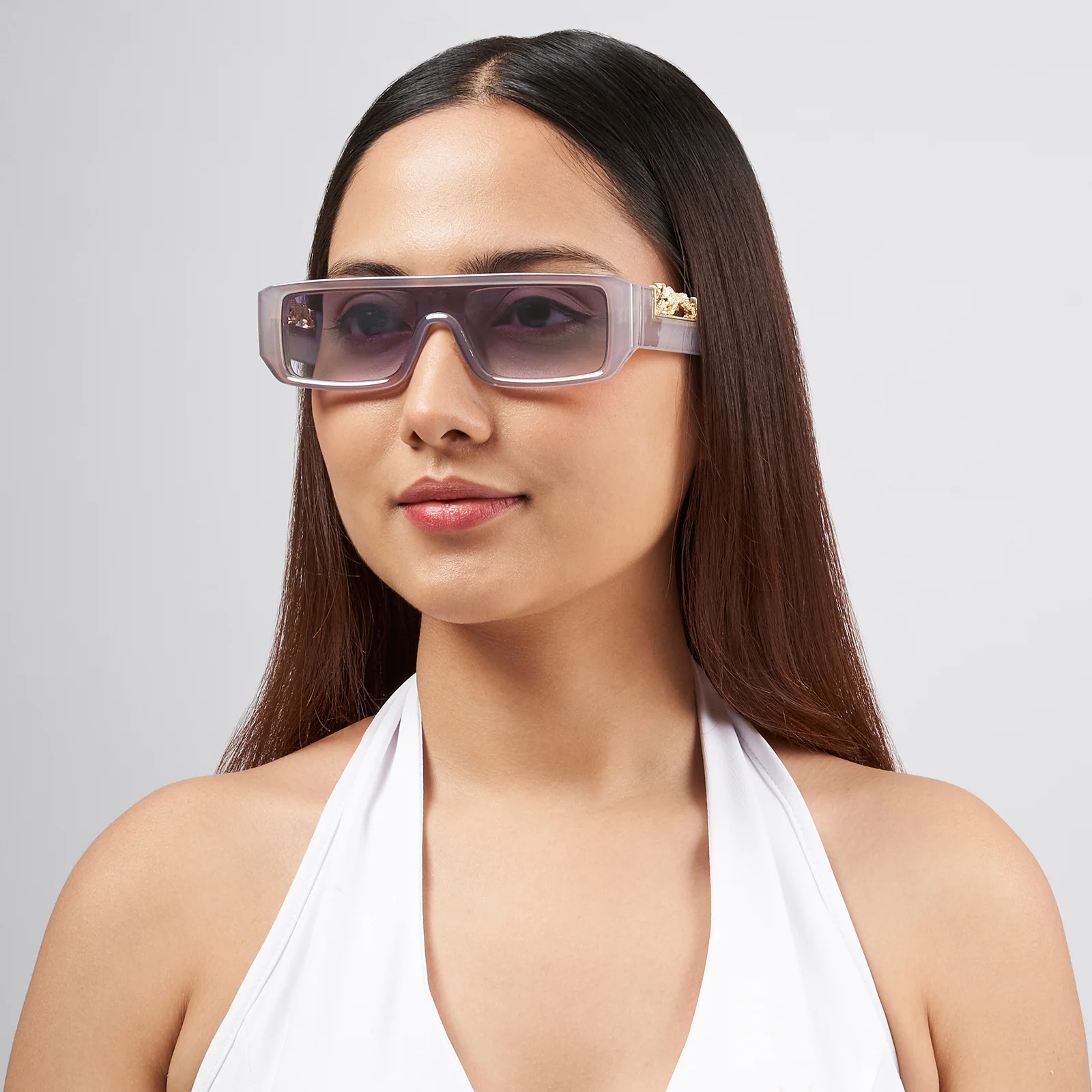 Juno Rectangle Sunglasses with a Grey Frame, Double Purple Ombre Lenses, and Jaguar-Accented Temples - Image 2