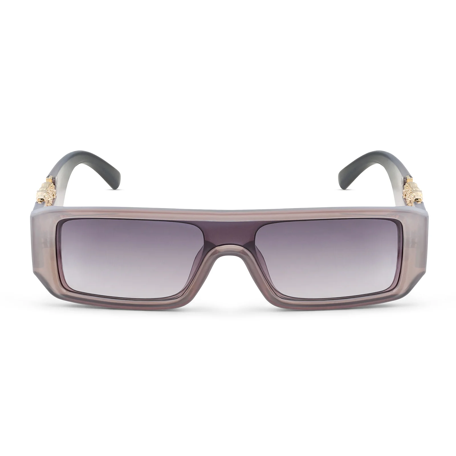 Juno Rectangle Sunglasses with a Grey Frame, Double Purple Ombre Lenses, and Jaguar-Accented Temples - Image 3