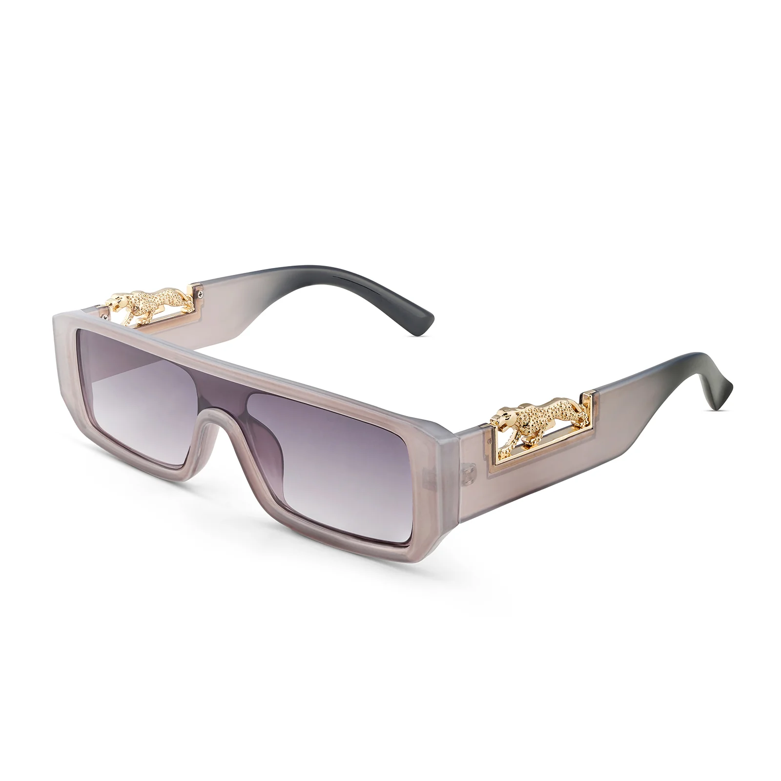 Juno Rectangle Sunglasses with a Grey Frame, Double Purple Ombre Lenses, and Jaguar-Accented Temples - Image 4