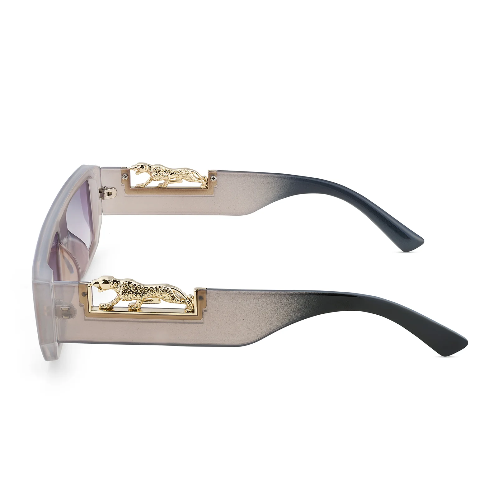 Juno Rectangle Sunglasses with a Grey Frame, Double Purple Ombre Lenses, and Jaguar-Accented Temples - Image 5