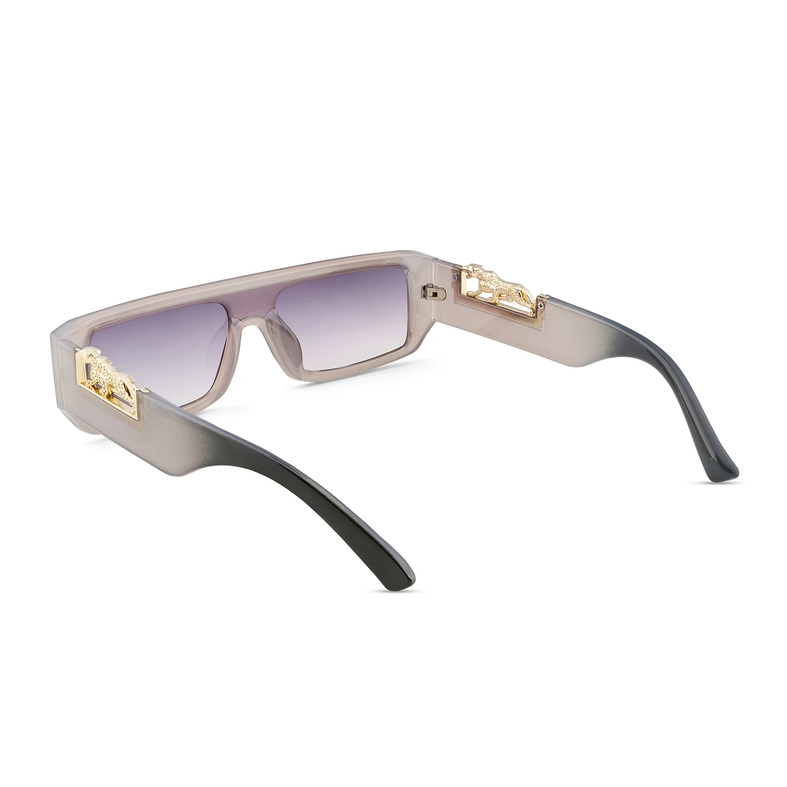 Juno Rectangle Sunglasses with a Grey Frame, Double Purple Ombre Lenses, and Jaguar-Accented Temples - Image 6