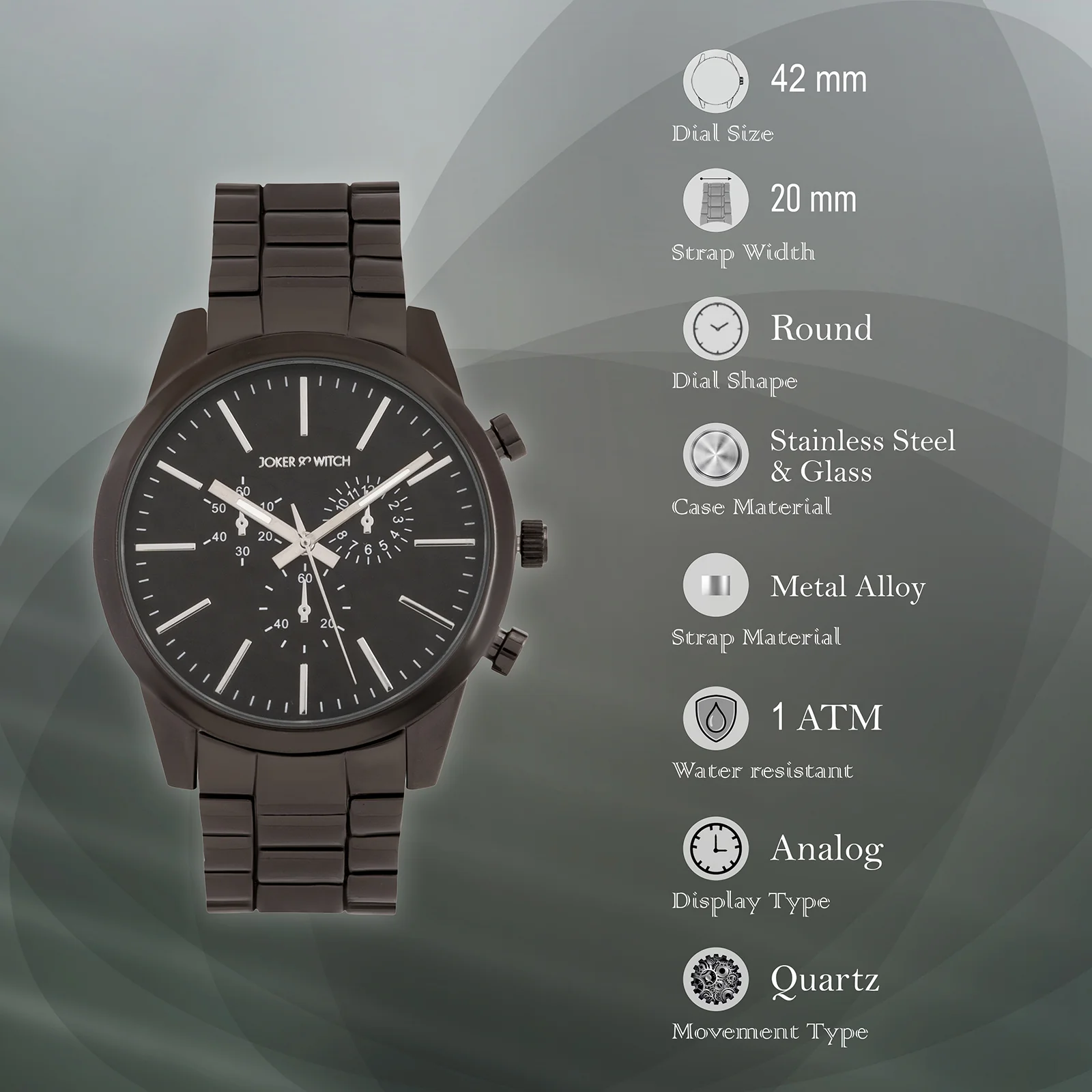 Kasdan Black Large Dial Gunmetal Linked Chain Strap Men's Watch - Image 7