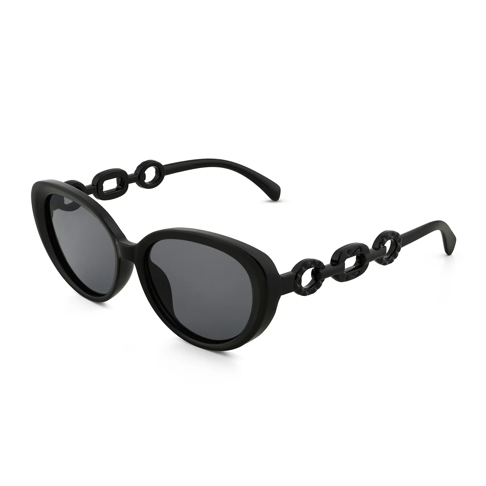 Kate Black Retro Oval Thick Sunglasses With Grey Lenses And Chain Temples - Image 4