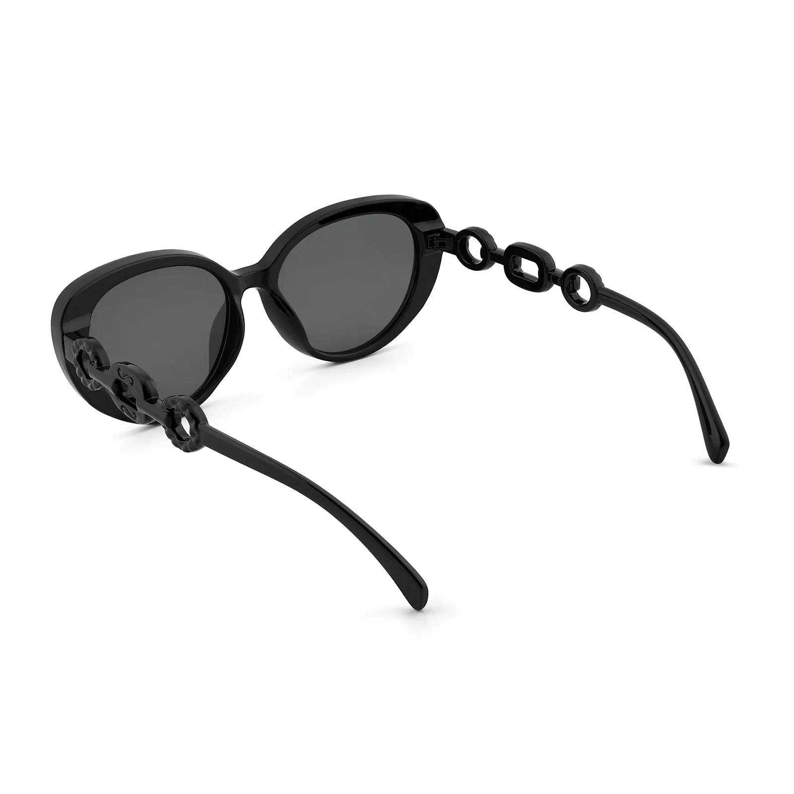 Kate Black Retro Oval Thick Sunglasses With Grey Lenses And Chain Temples - Image 6