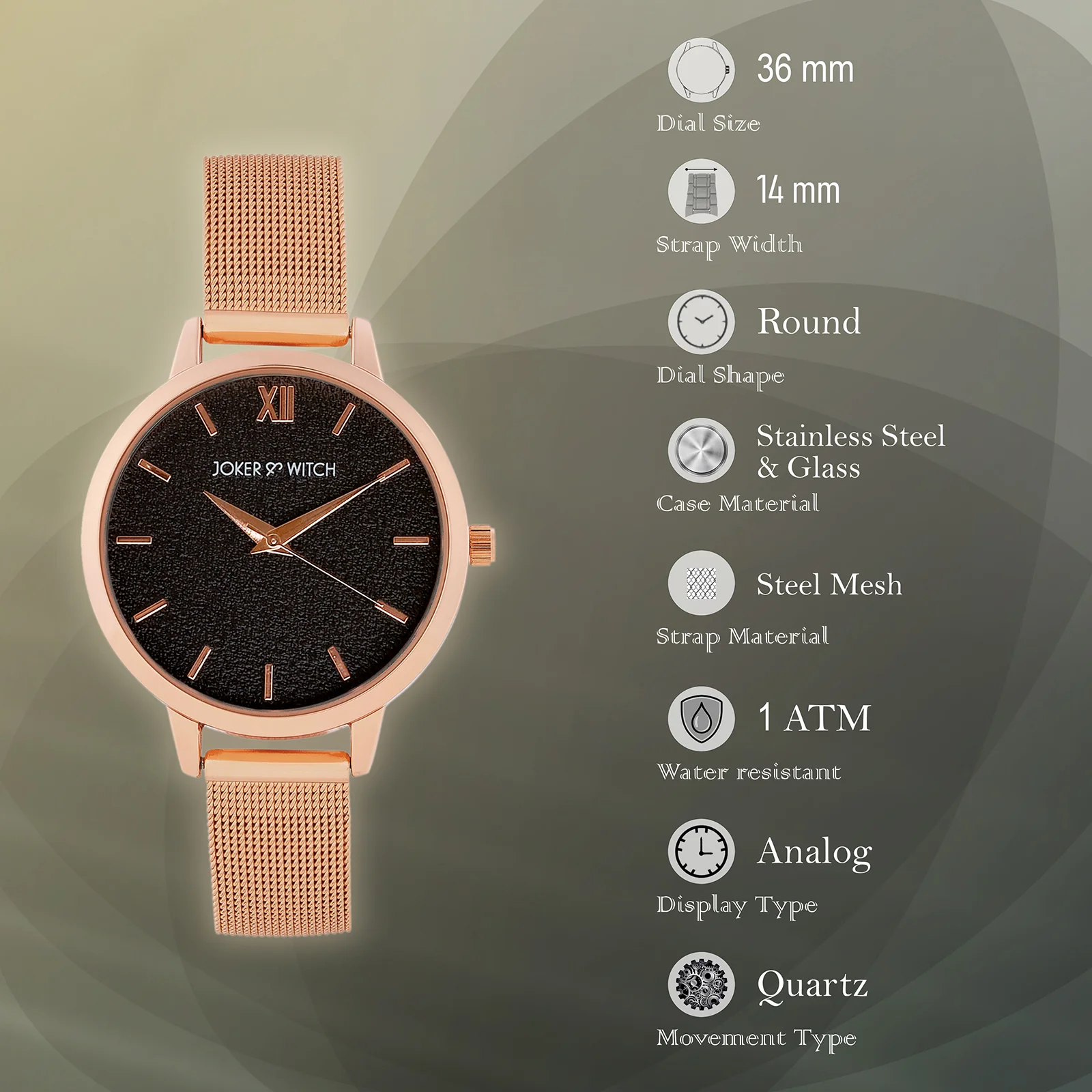 Kathy Black Medium Dial Rose Gold Mesh Strap Women's Watch - Image 7