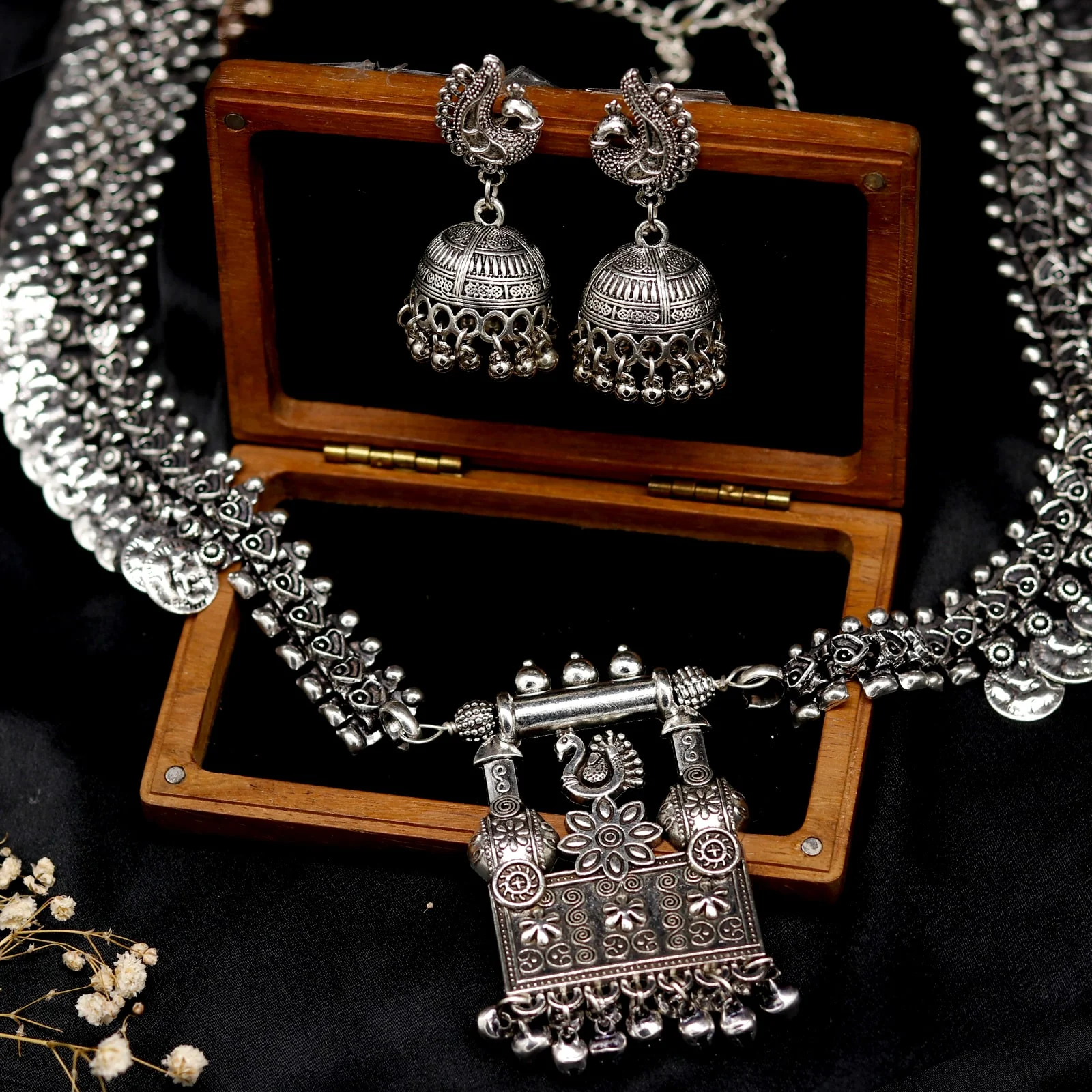 Kaveesha Silver Oxidized Peacock Necklace Set - Image 2