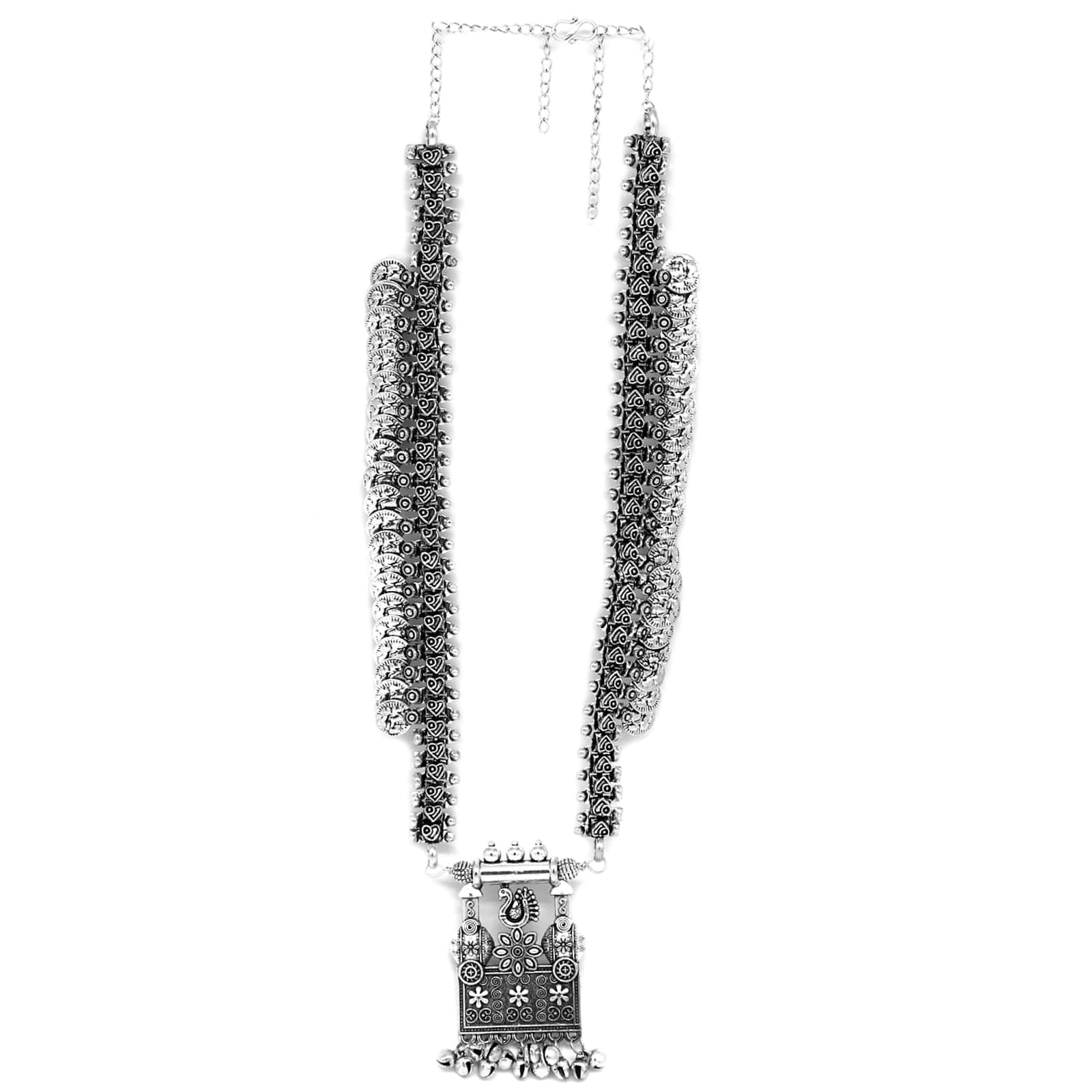 Kaveesha Silver Oxidized Peacock Necklace Set - Image 3