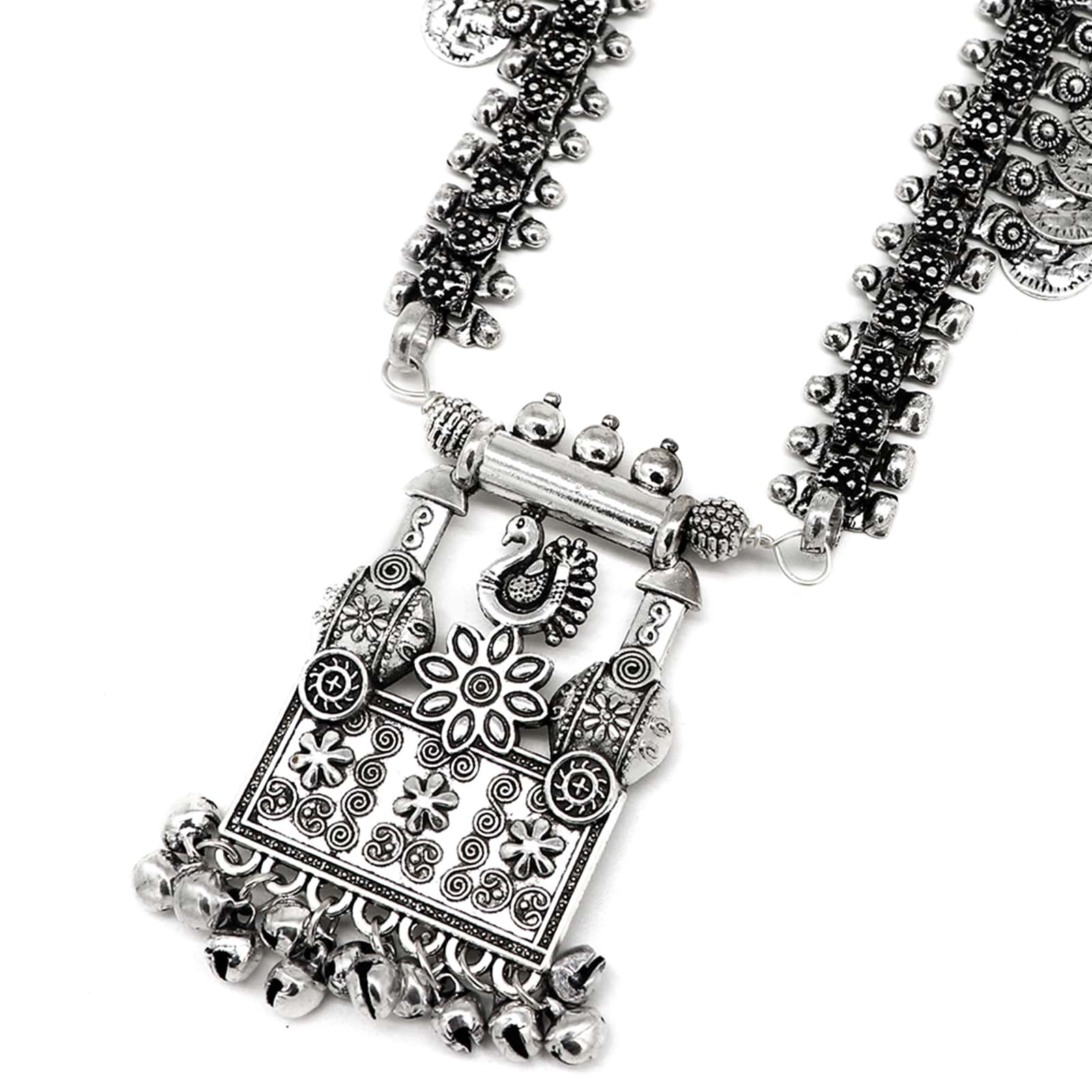 Kaveesha Silver Oxidized Peacock Necklace Set - Image 5