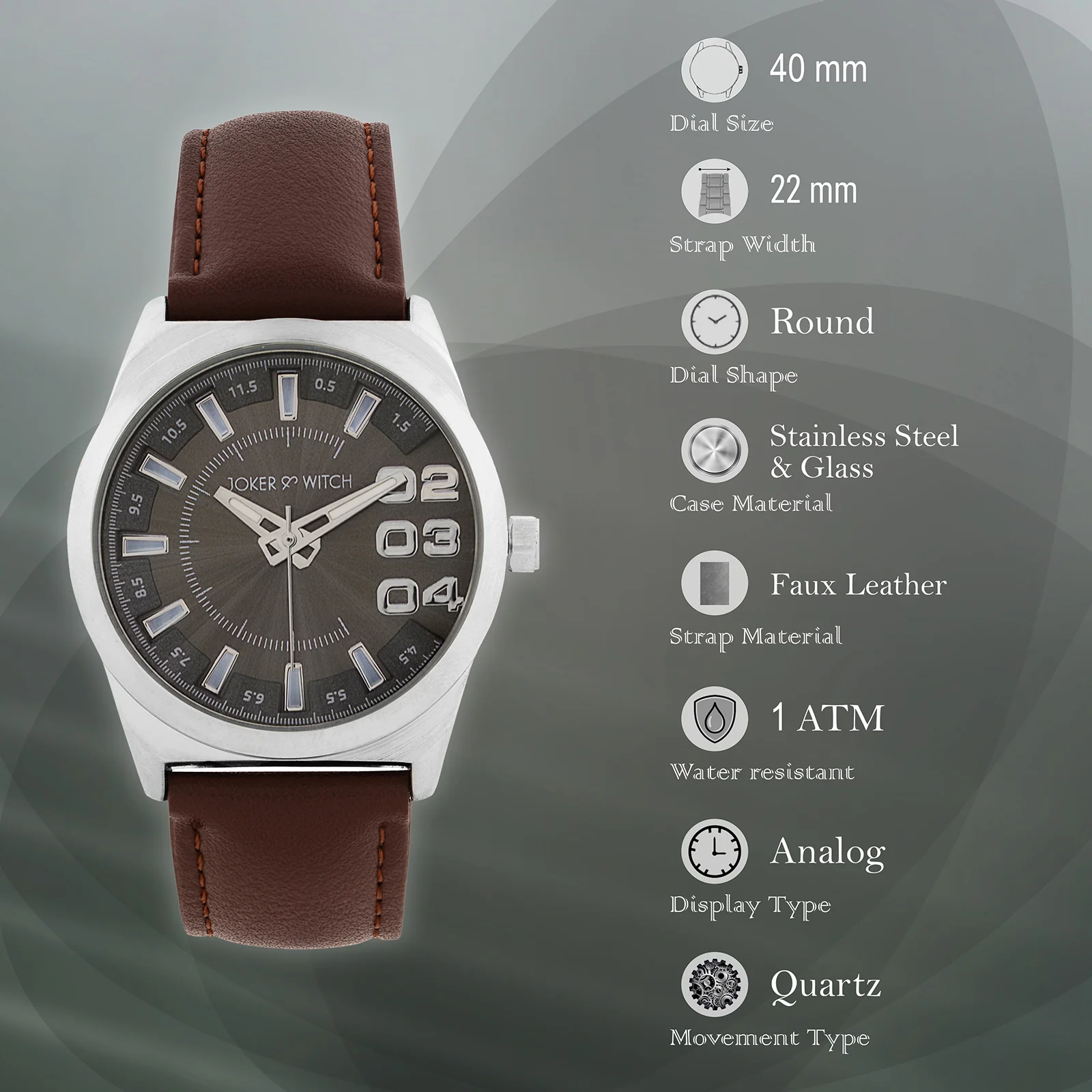 Kodiak Grey Large Dial Brown PU Strap Men's Watch - Image 7