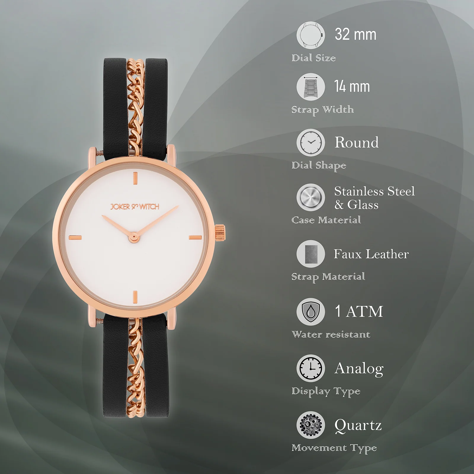 Kristina White Medium Dial Black PU-Chain Strap Women's Watch - Image 7