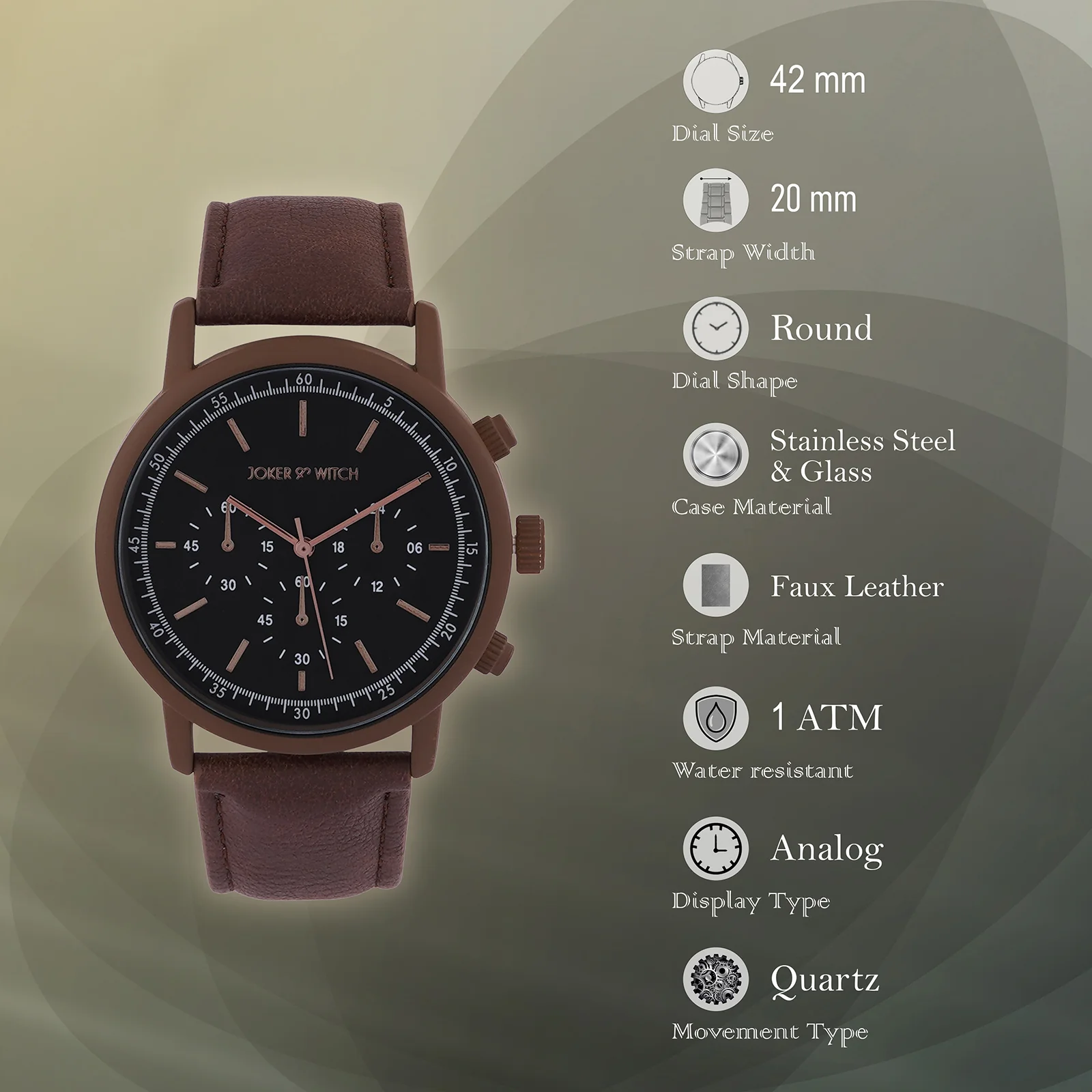 Laanda Black Large Dial Brown PU Strap Men's Watch - Image 7