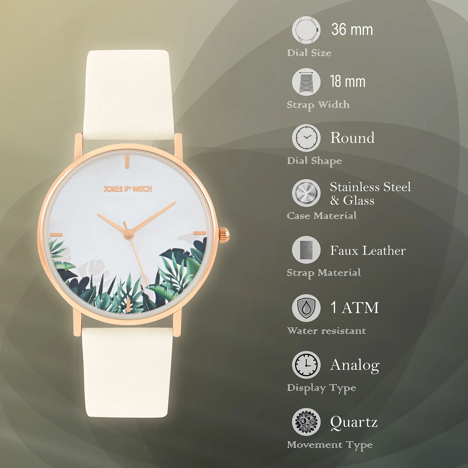 Printed Leaf Bay White Medium Dial Beige PU Strap Women's Watch - Image 7