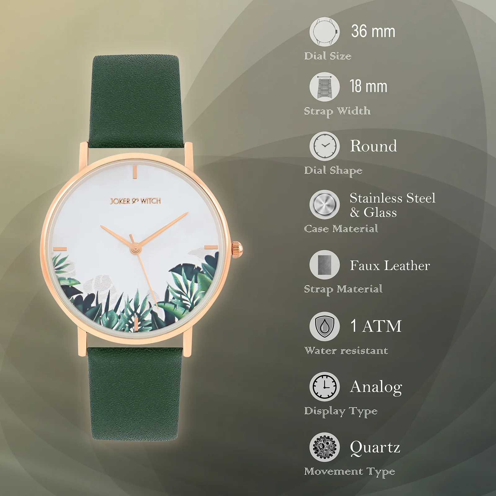 Printed Leaf Bay White Medium Dial Dark Green PU Strap Women's Watch - Image 7