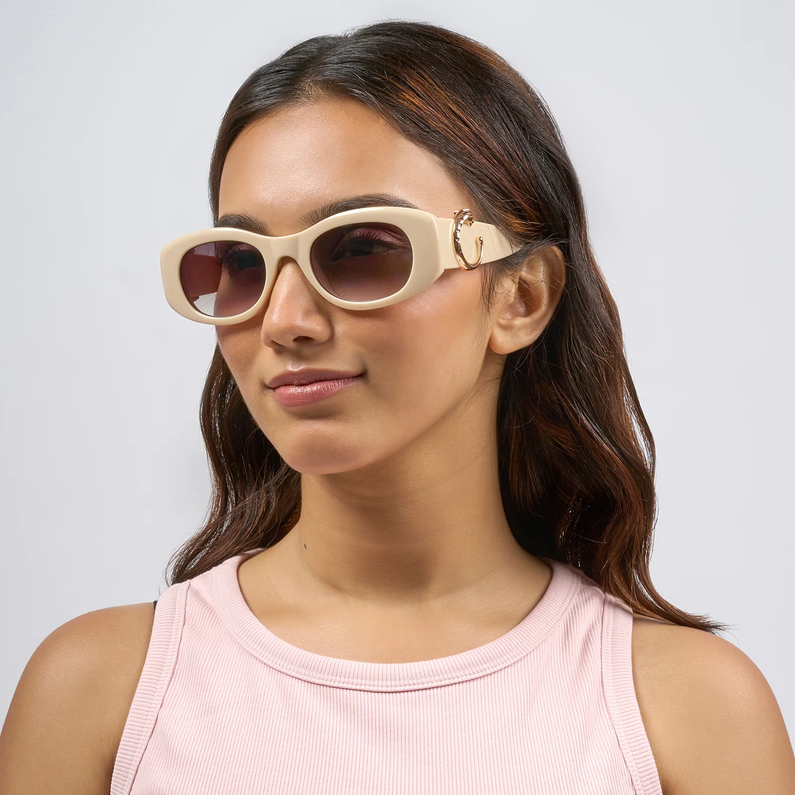 Leona Chunky Beige Sunglasses With Gold Panther Accents And Purple Ombre Lenses - Image 2