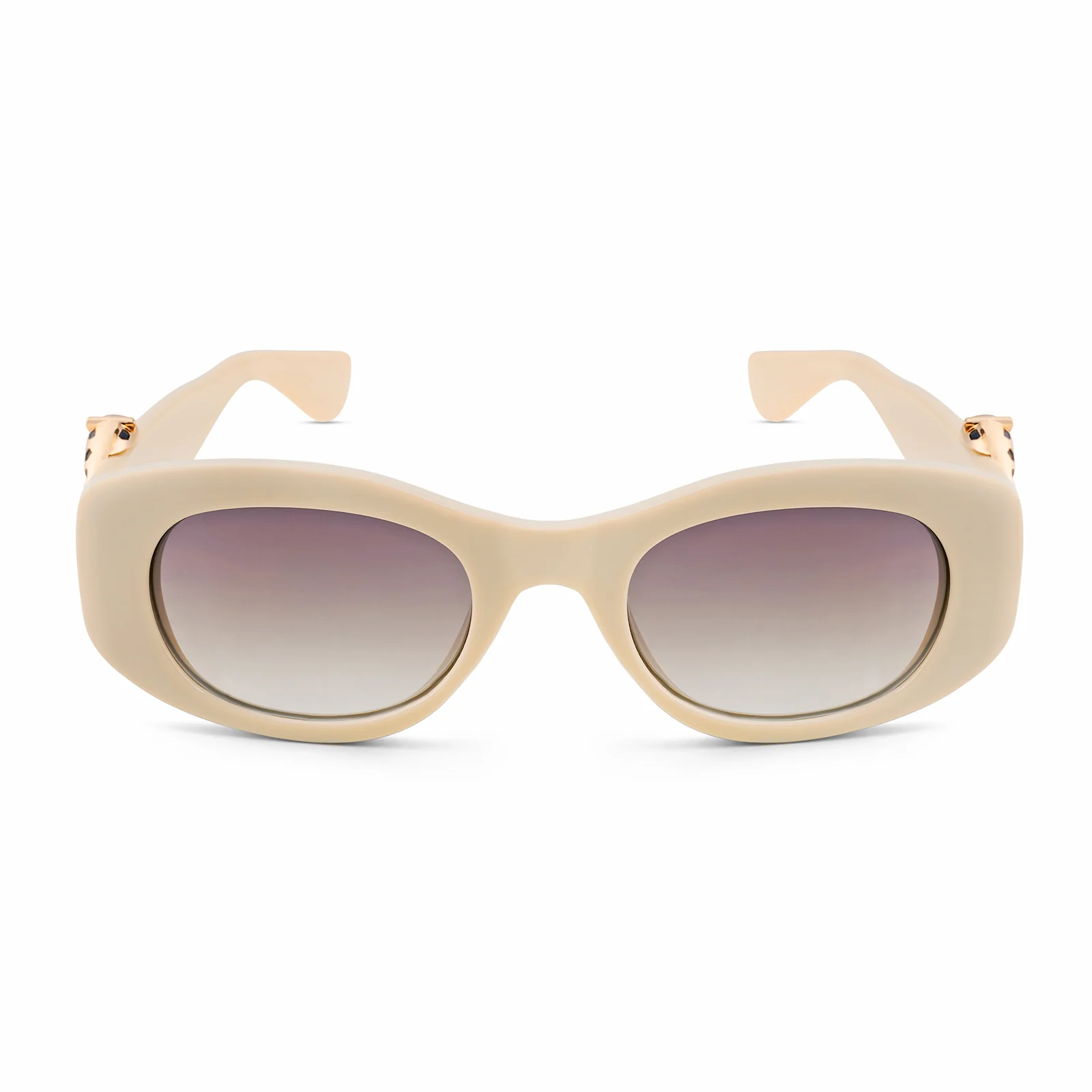 Leona Chunky Beige Sunglasses With Gold Panther Accents And Purple Ombre Lenses - Image 3