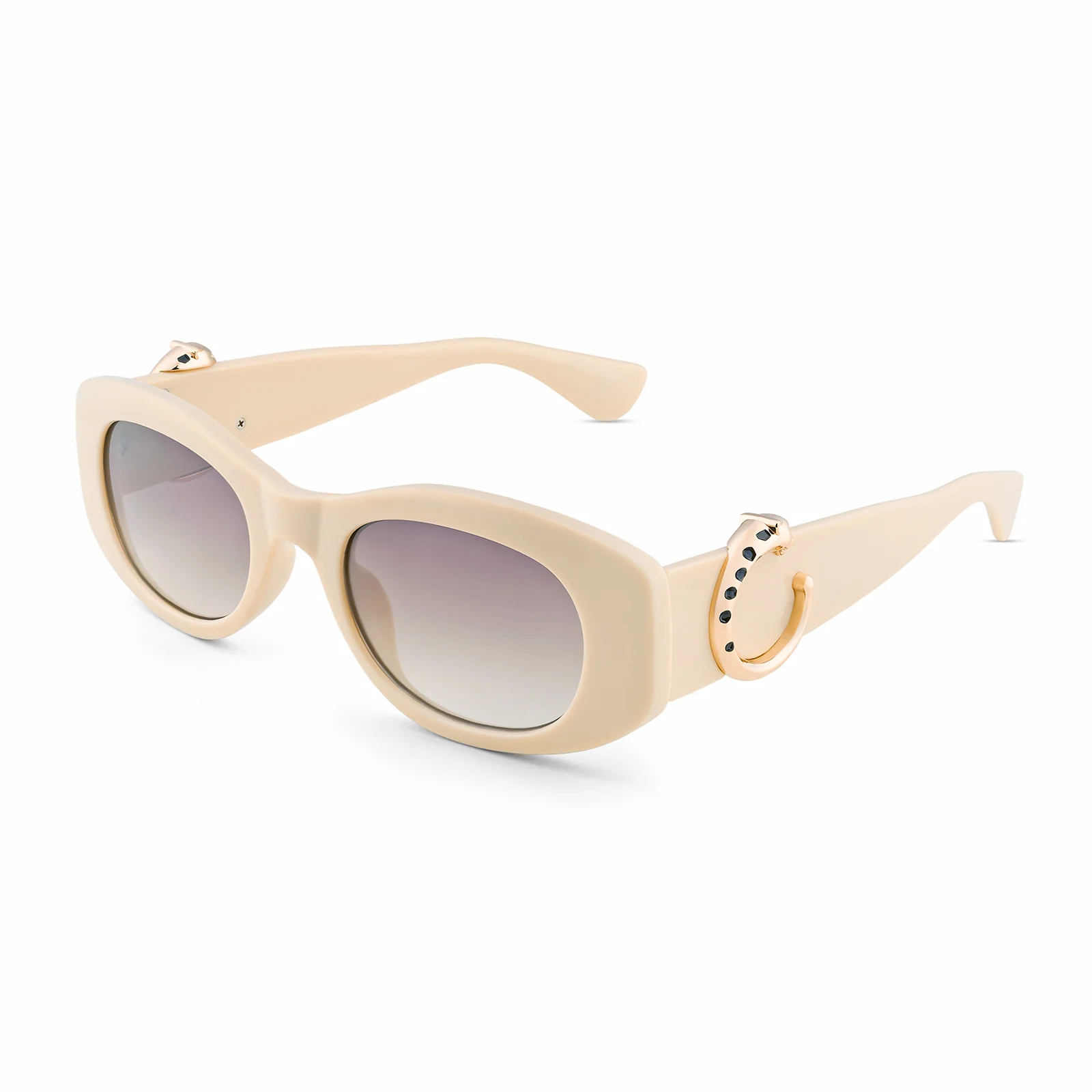 Leona Chunky Beige Sunglasses With Gold Panther Accents And Purple Ombre Lenses - Image 4