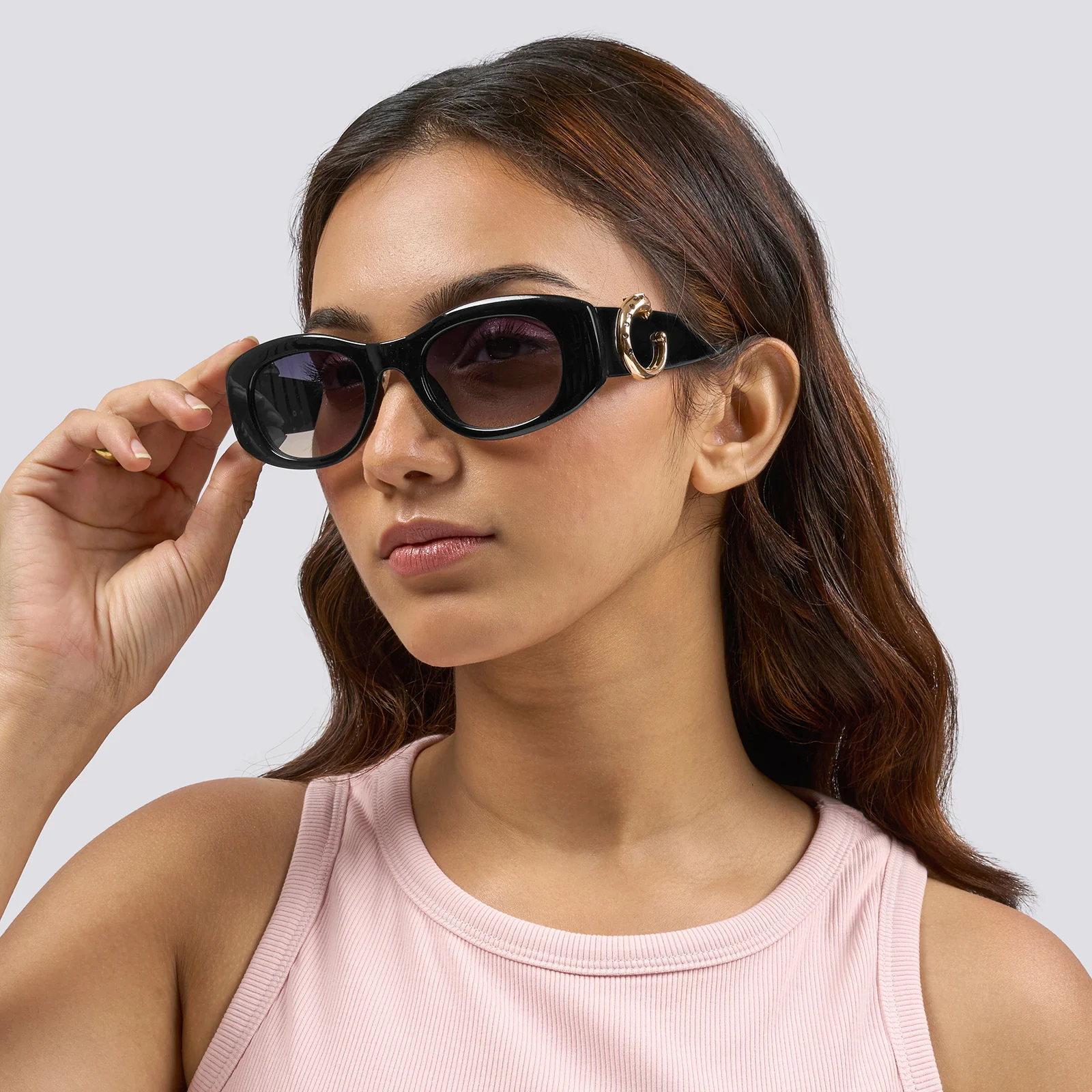Leona Chunky Black Sunglasses With Gold Panther Accents And Purple Ombre Lenses - Image 2