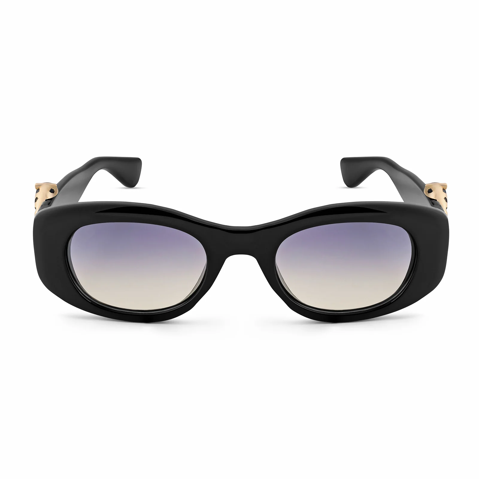 Leona Chunky Black Sunglasses With Gold Panther Accents And Purple Ombre Lenses - Image 3
