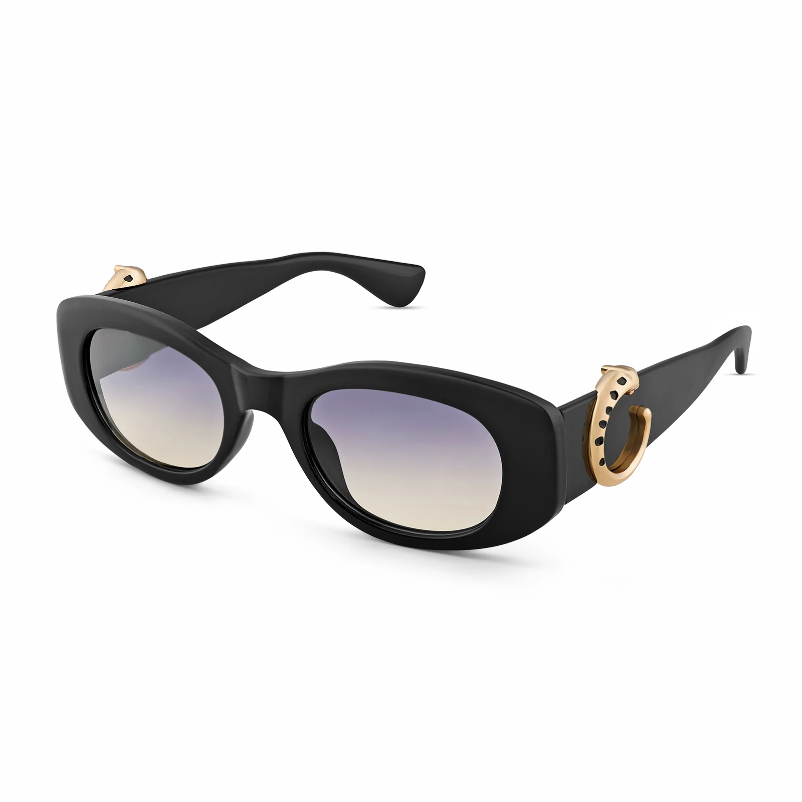 Leona Chunky Black Sunglasses With Gold Panther Accents And Purple Ombre Lenses - Image 4