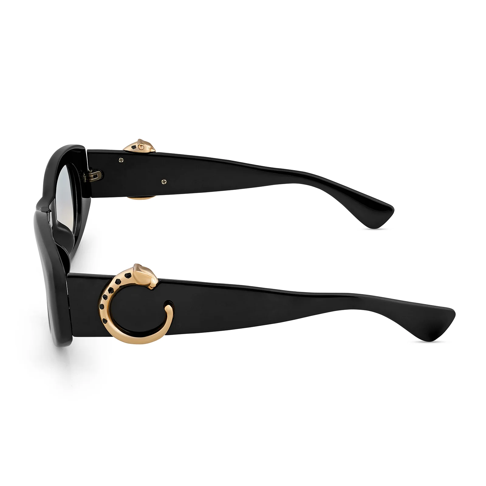 Leona Chunky Black Sunglasses With Gold Panther Accents And Purple Ombre Lenses - Image 5
