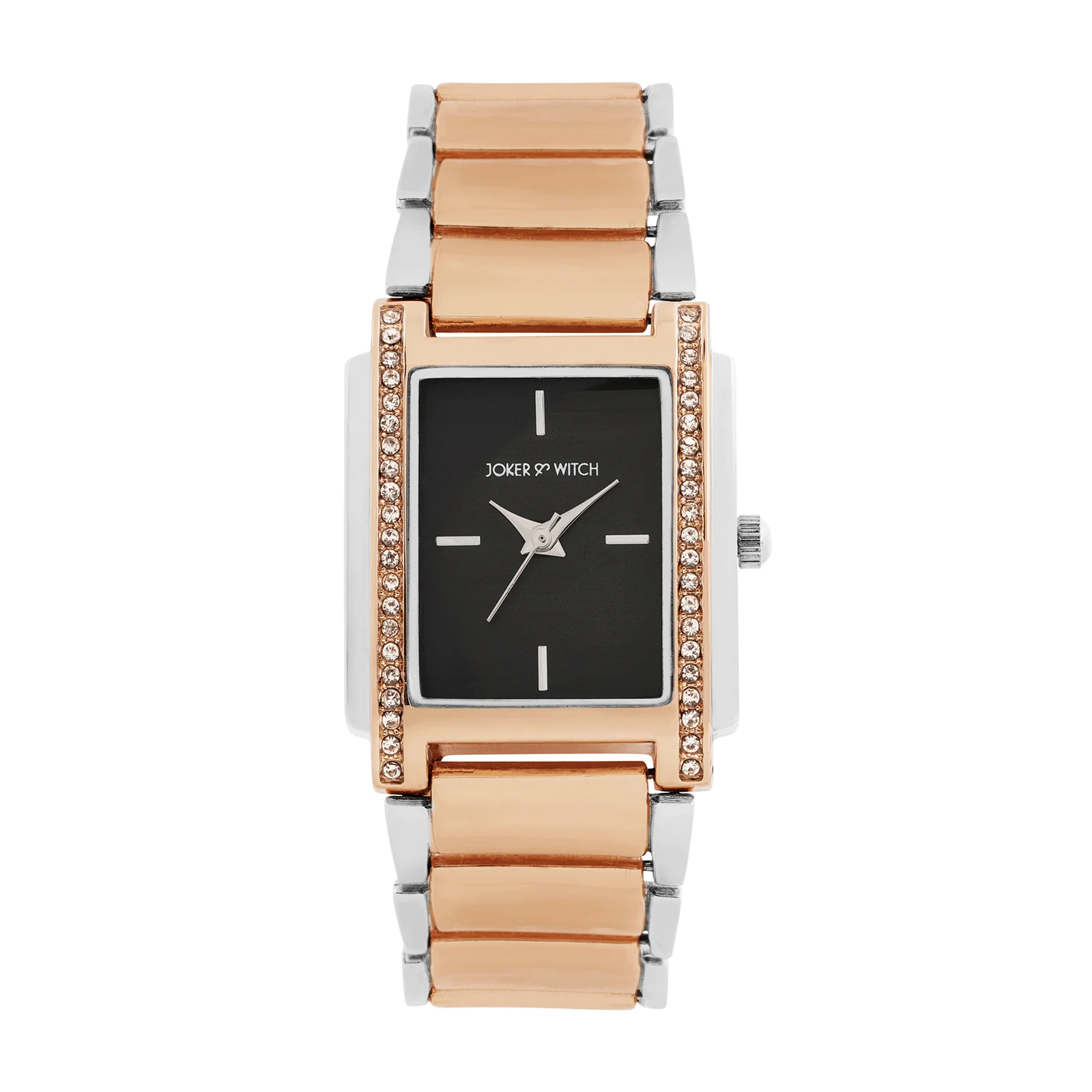 Linear Black Mini Rectangle Rhinestone Dial Dual Tone Linked Chain Strap Women's Watch - Image 3