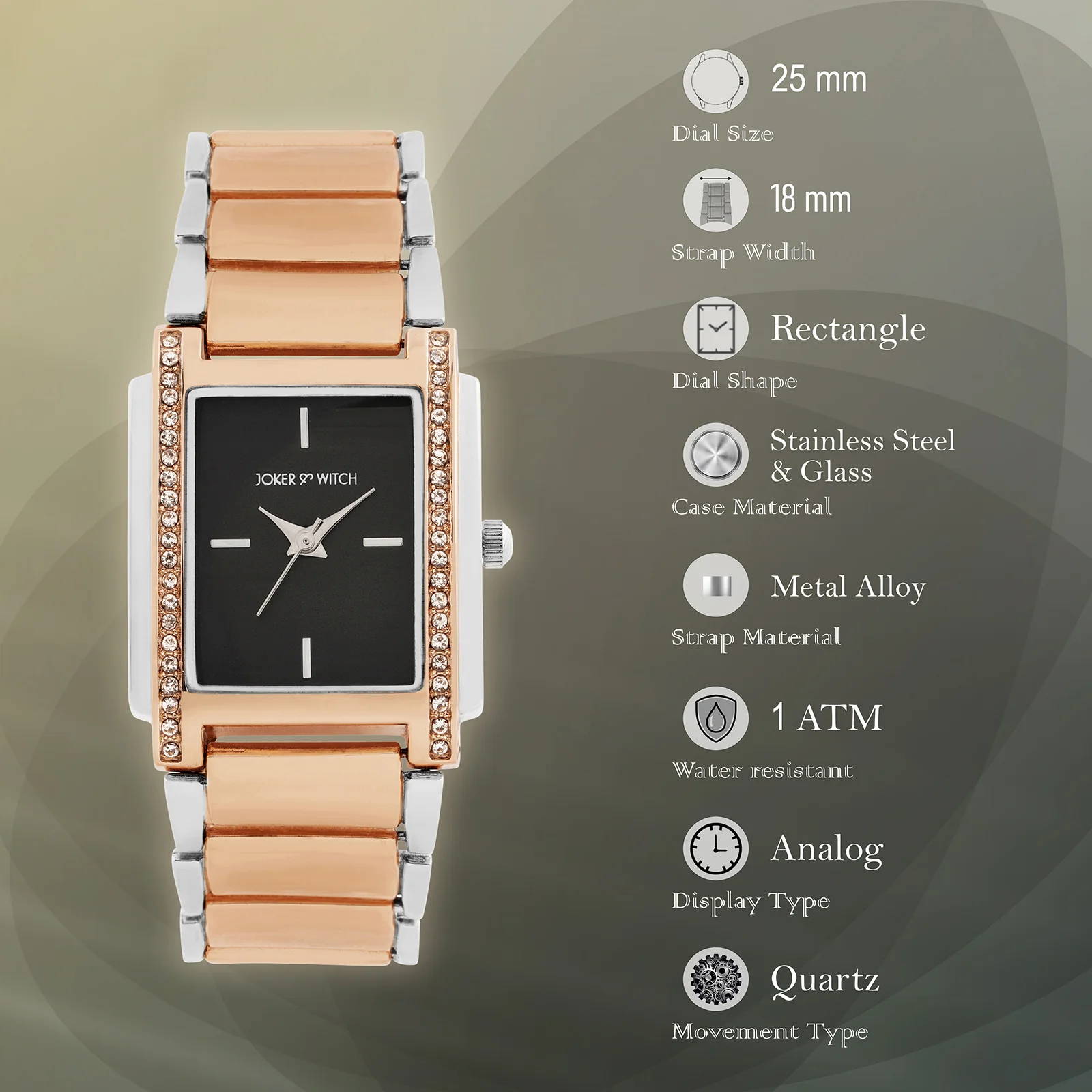Linear Black Mini Rectangle Rhinestone Dial Dual Tone Linked Chain Strap Women's Watch - Image 7