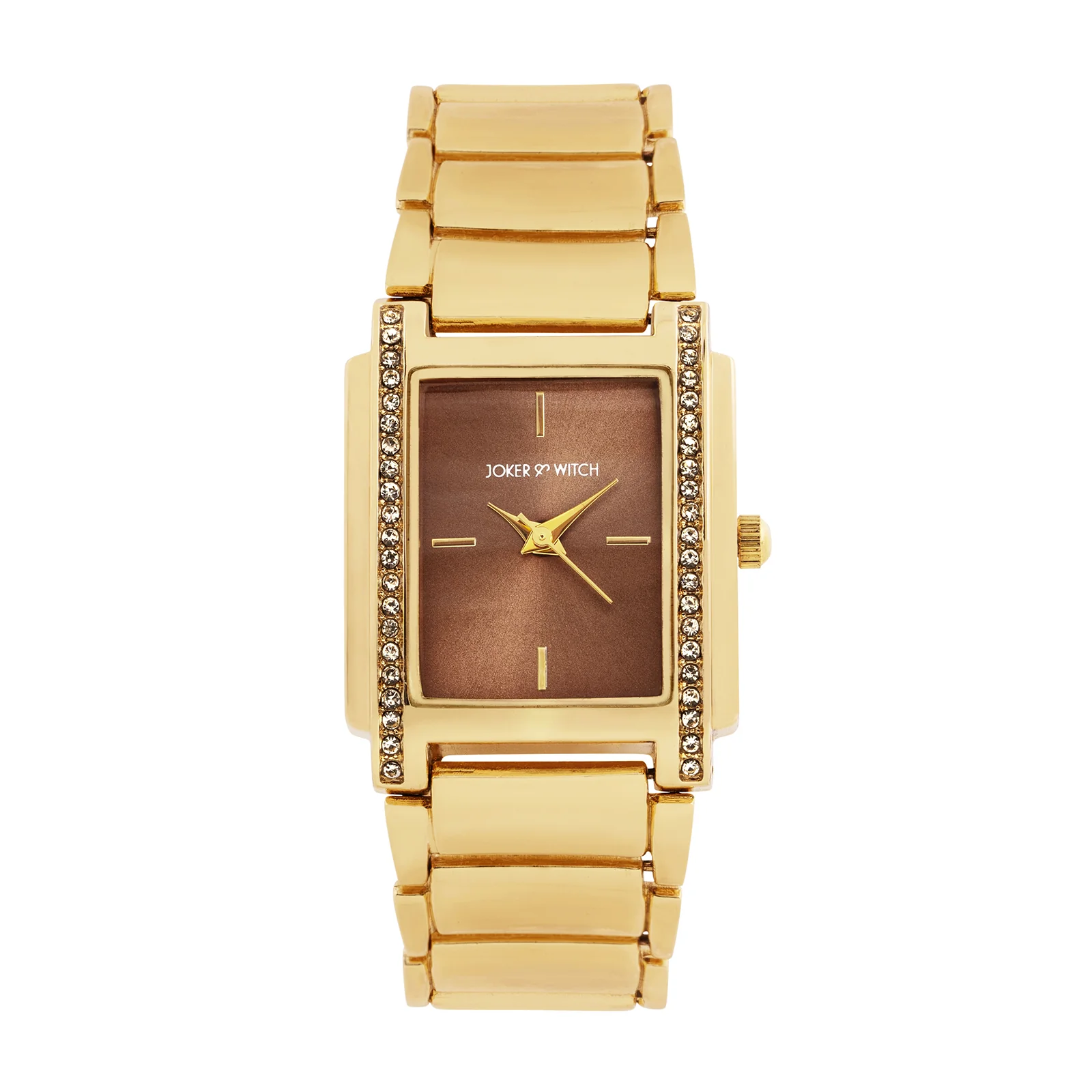 Linear Taupe Small Rectangle Rhinestone Dial Gold Linked Chain Strap Women's Watch - Image 3