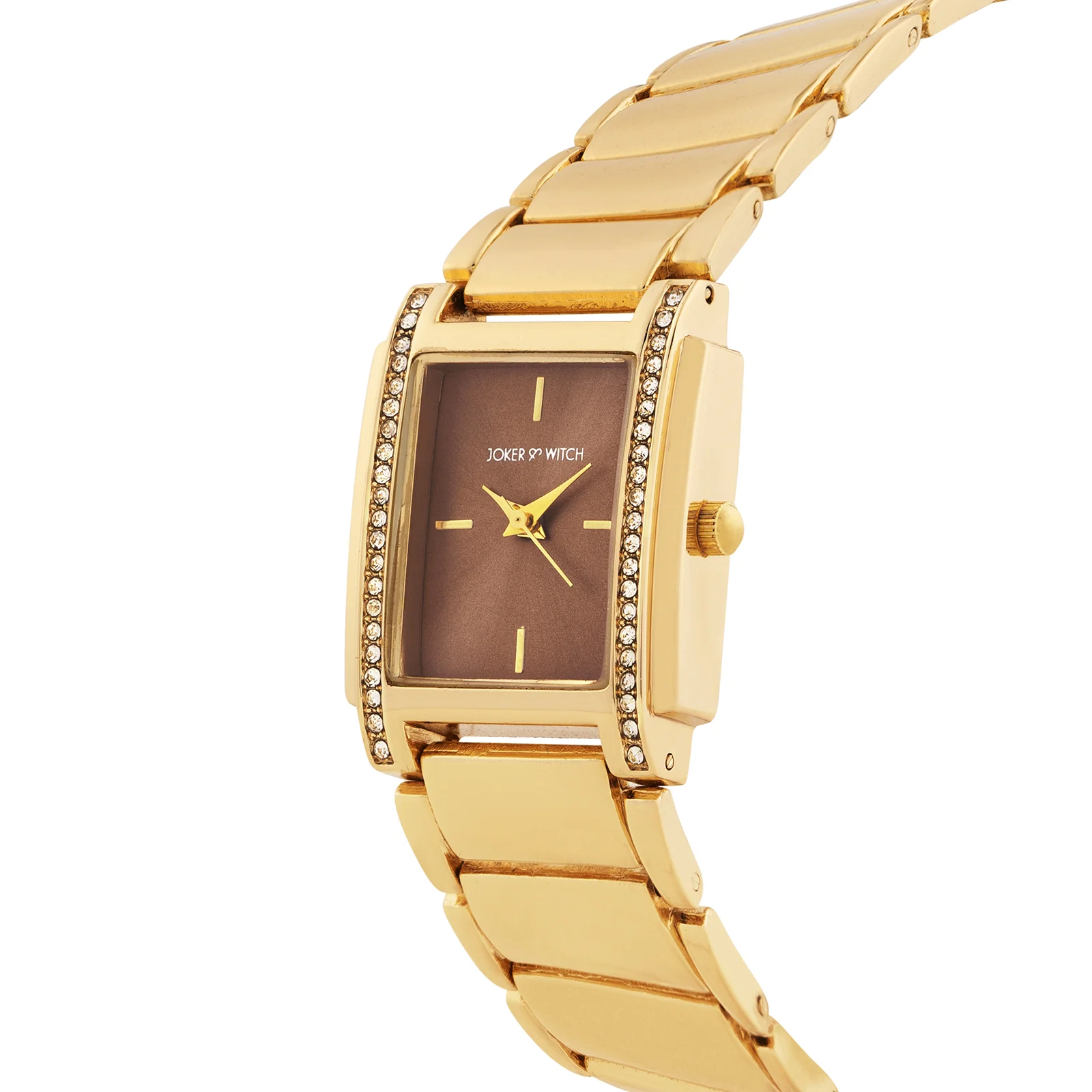 Linear Taupe Small Rectangle Rhinestone Dial Gold Linked Chain Strap Women's Watch - Image 4