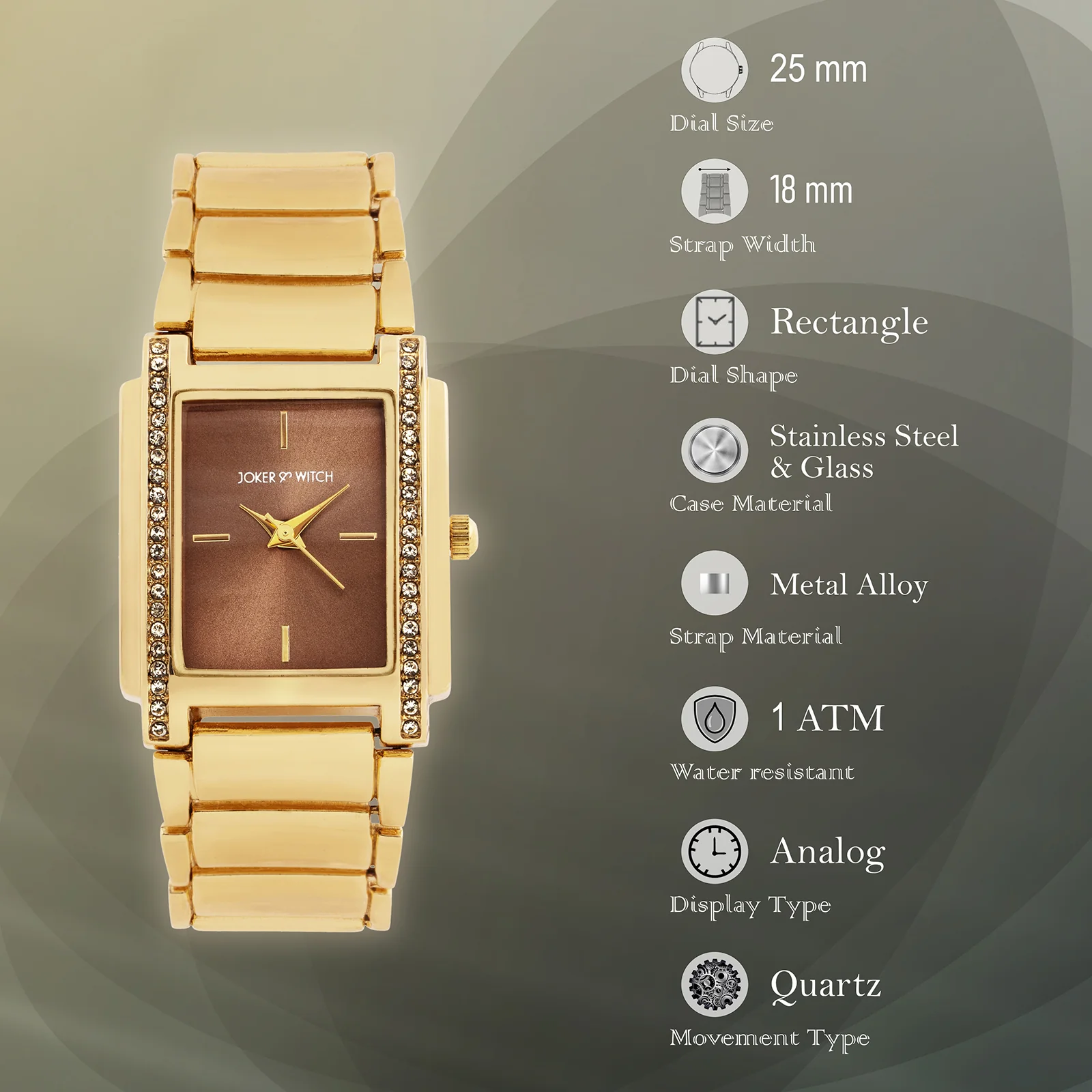Linear Taupe Small Rectangle Rhinestone Dial Gold Linked Chain Strap Women's Watch - Image 7