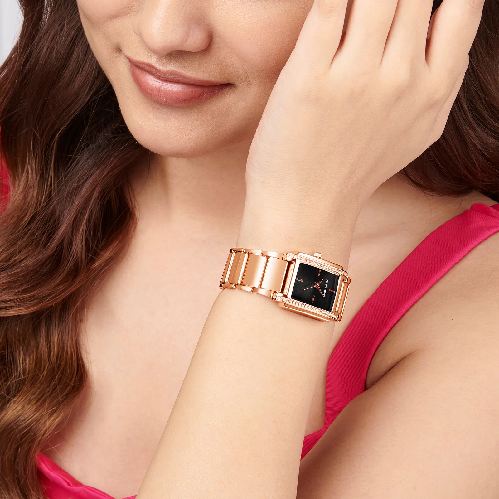 Linear Black Mini Rectangle Rhinestone Dial Rose Gold Linked Chain Strap Women's Watch - Image 2
