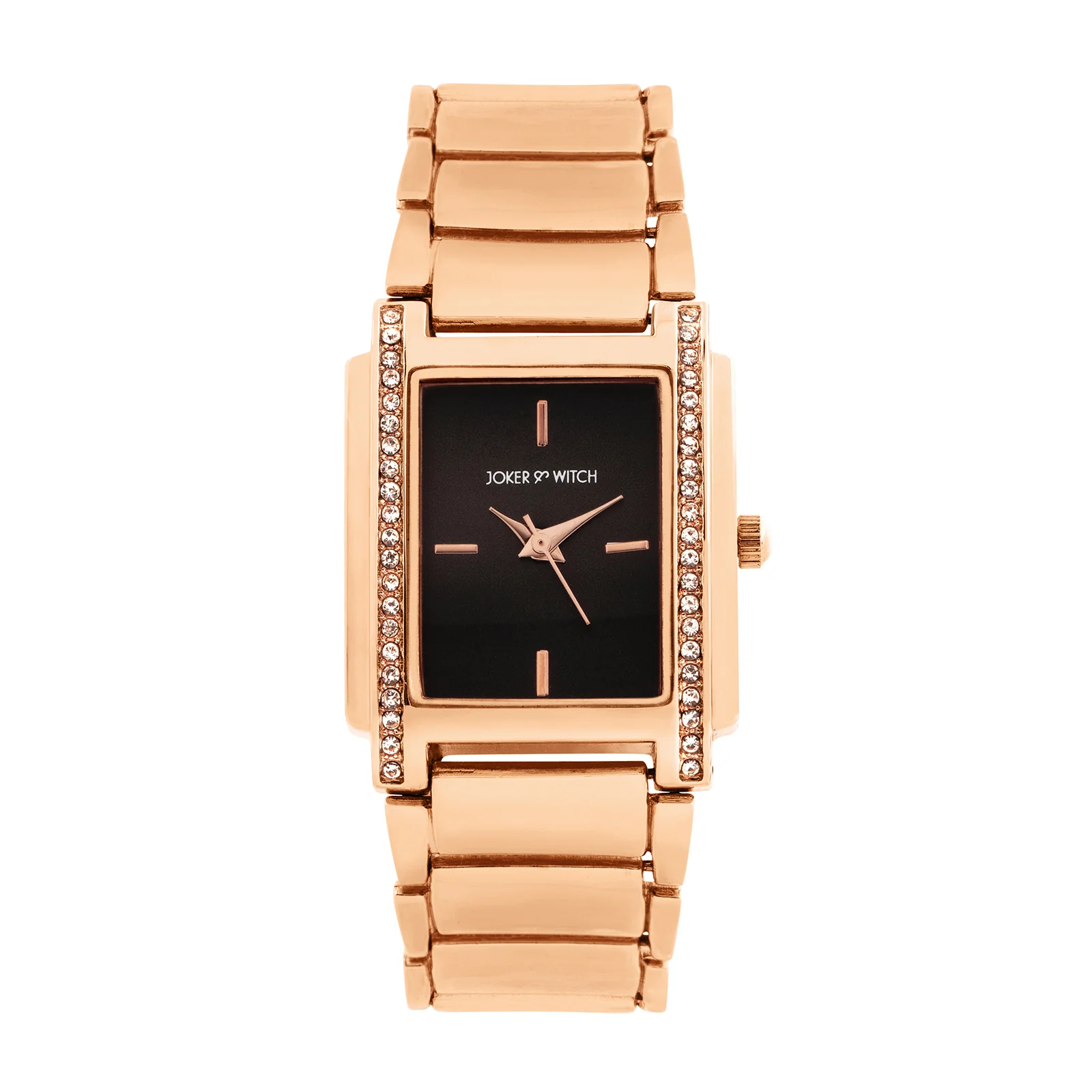 Linear Black Mini Rectangle Rhinestone Dial Rose Gold Linked Chain Strap Women's Watch - Image 3