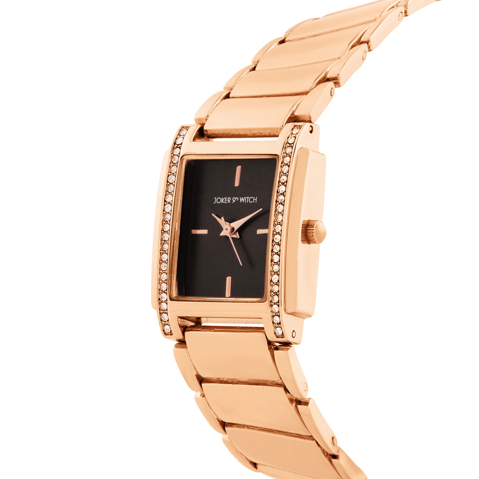 Linear Black Mini Rectangle Rhinestone Dial Rose Gold Linked Chain Strap Women's Watch - Image 4