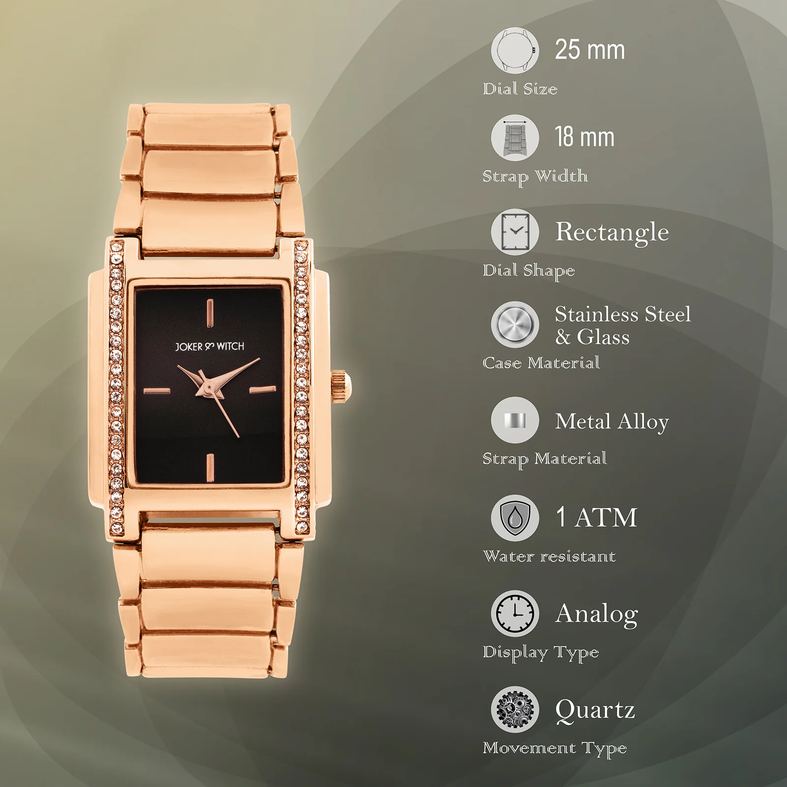 Linear Black Mini Rectangle Rhinestone Dial Rose Gold Linked Chain Strap Women's Watch - Image 7