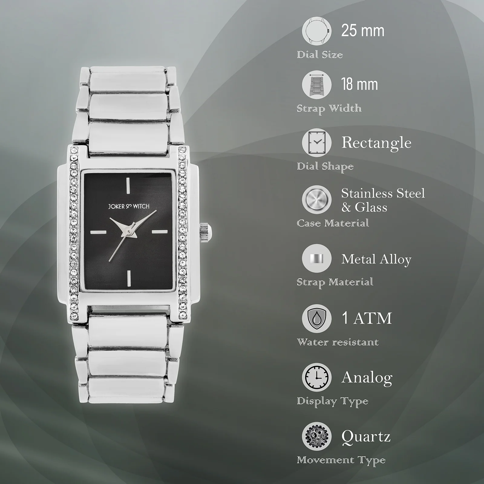 Linear Black Mini Rectangle Rhinestone Dial Silver Linked Chain Strap Women's Watch - Image 7