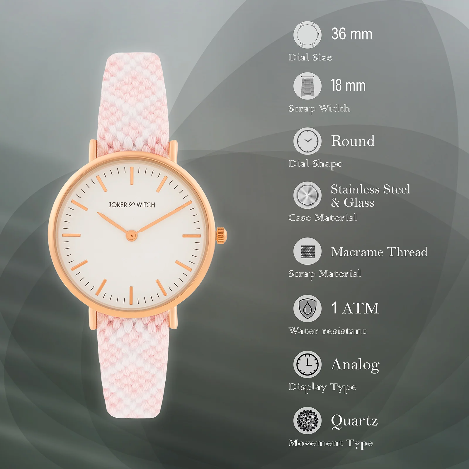 Loomed Aura White Medium Dial Pink Macrame Strap Women's Watch - Image 7