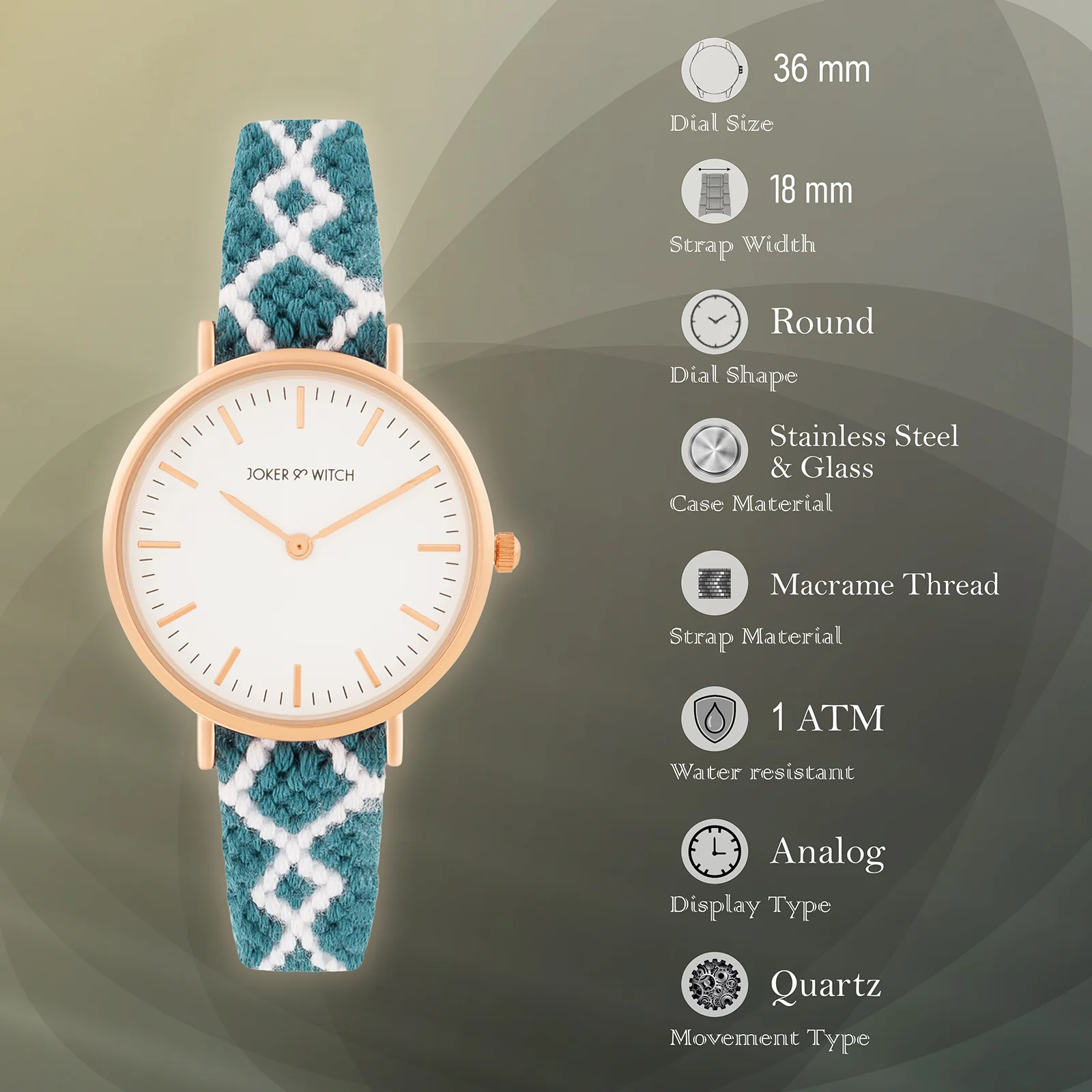 Loomed Aura White Medium Dial Turquoise Macrame Strap Women's Watch - Image 7