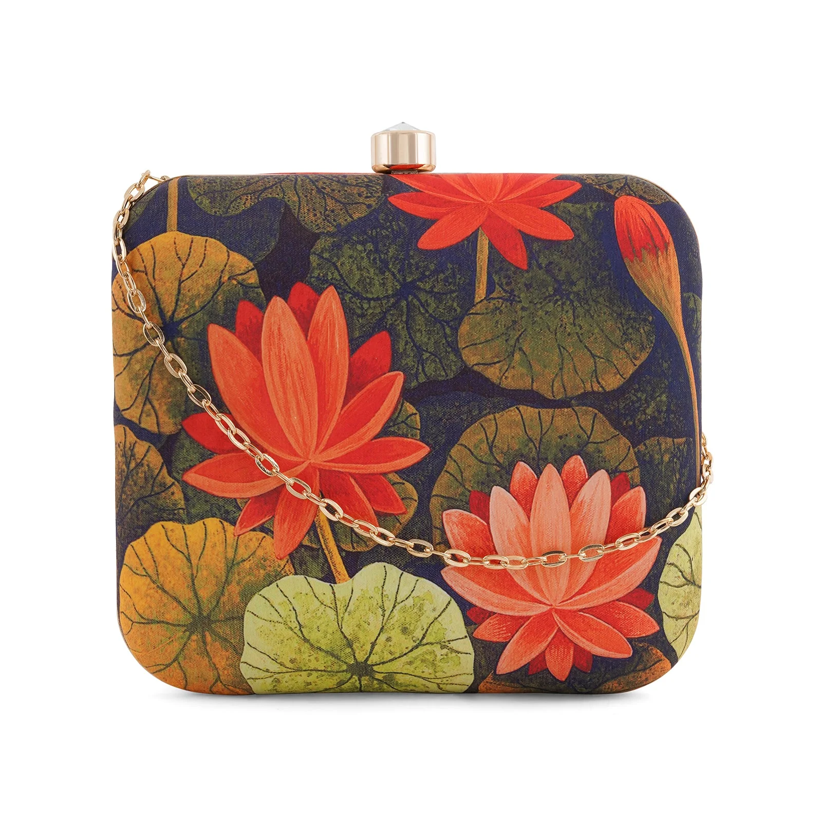 Love and Lotus Navy Blue and Red Printed Clutch - Image 3