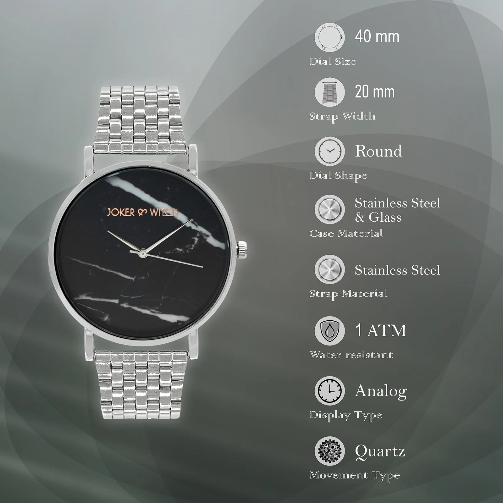 Lucien Black Large Marble Dial Silver Linked Chain Strap Men's Watch - Image 7