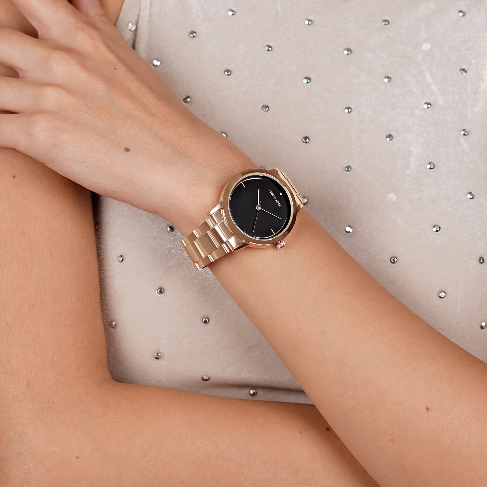 Luna Black Medium Dial Rose Gold Linked Chain Strap Women's Watch - Image 2