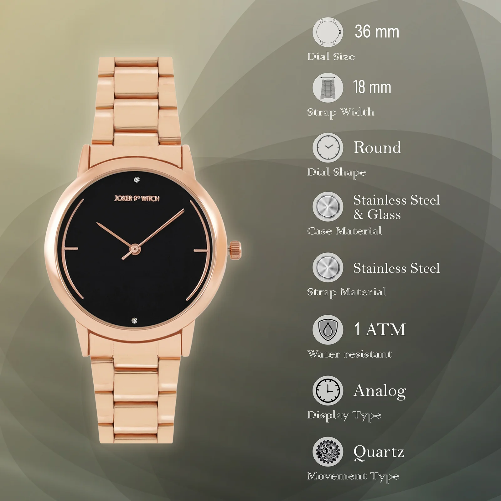 Luna Black Medium Dial Rose Gold Linked Chain Strap Women's Watch - Image 7