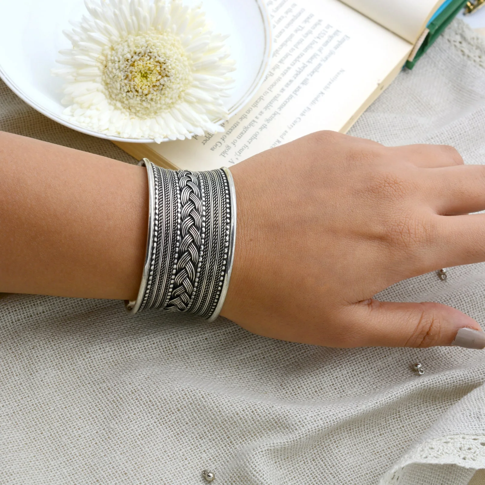 Madhu Braided Embossed Silver Oxidized Cuff - Image 2