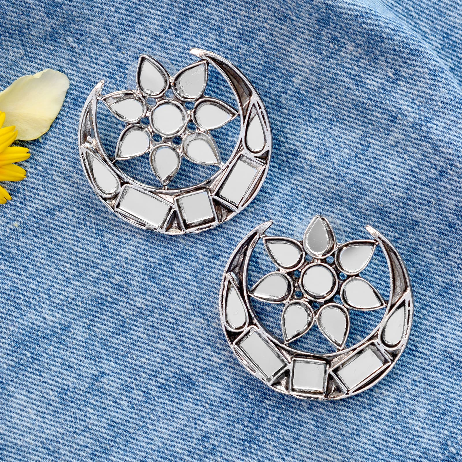 Manth Silver Oxidized Mirror Earrings - Image 2