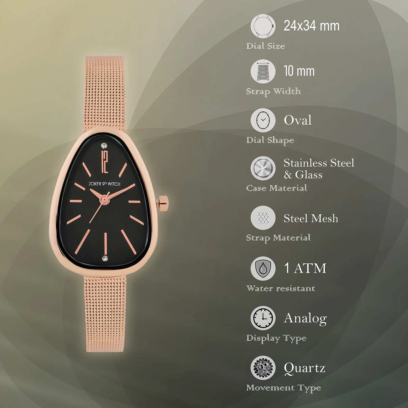 Maris Black Small Oval Dial Rose Gold Mesh Strap Women's Watch - Image 7