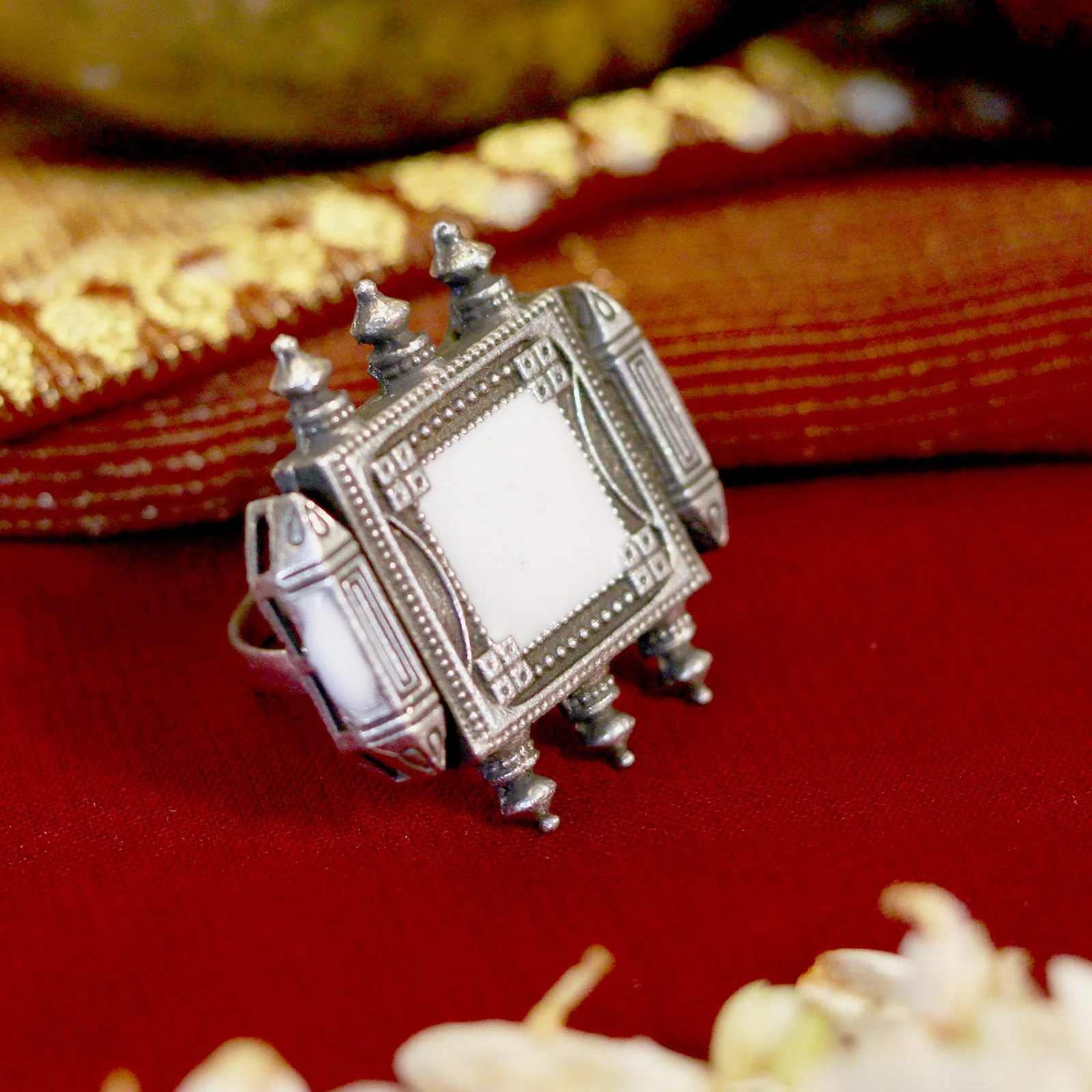 Meena White Enamel Silver Oxidized Ring - Image 2