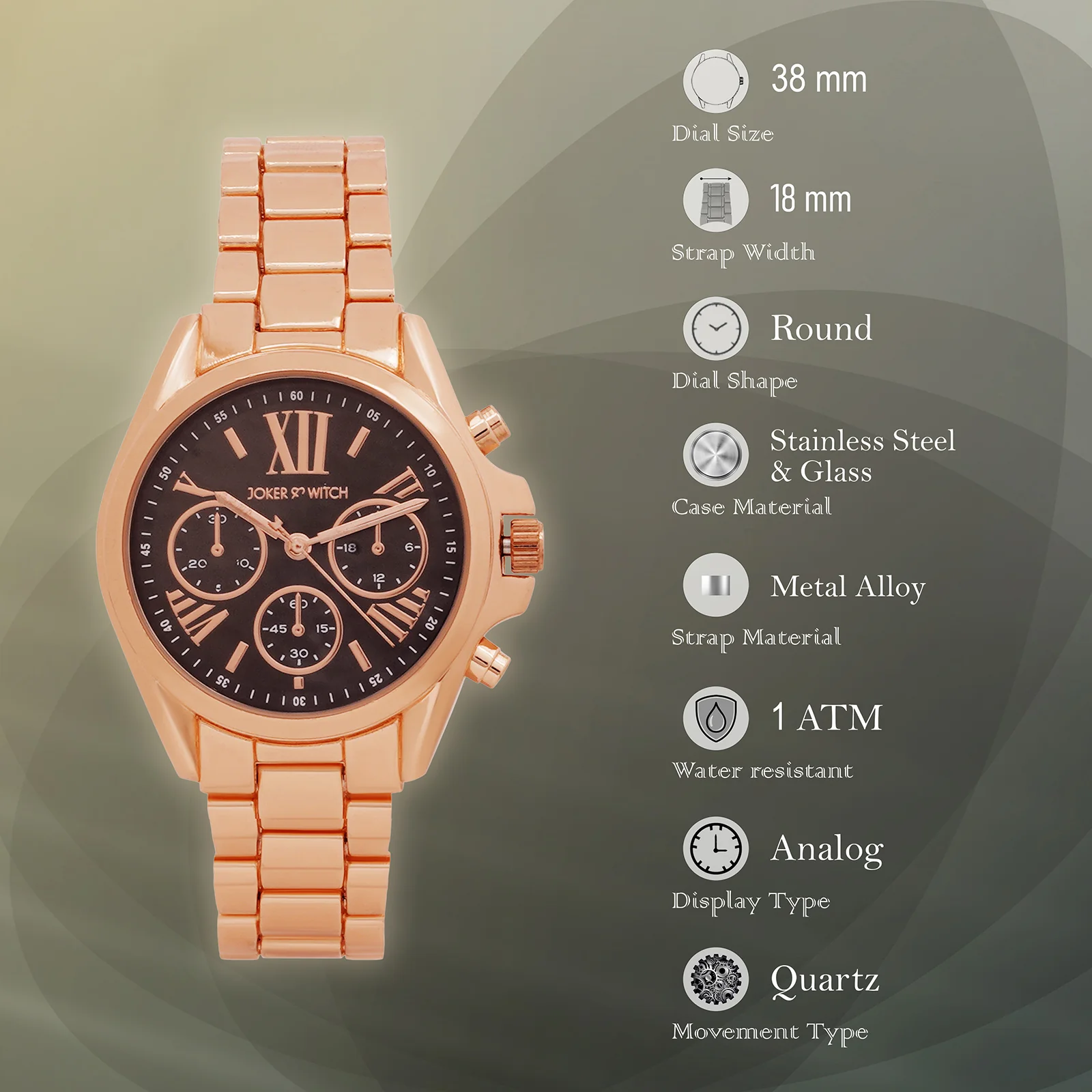 Meghan Black Large Dial Rose Gold Linked Chain Strap Women's Watch - Image 7
